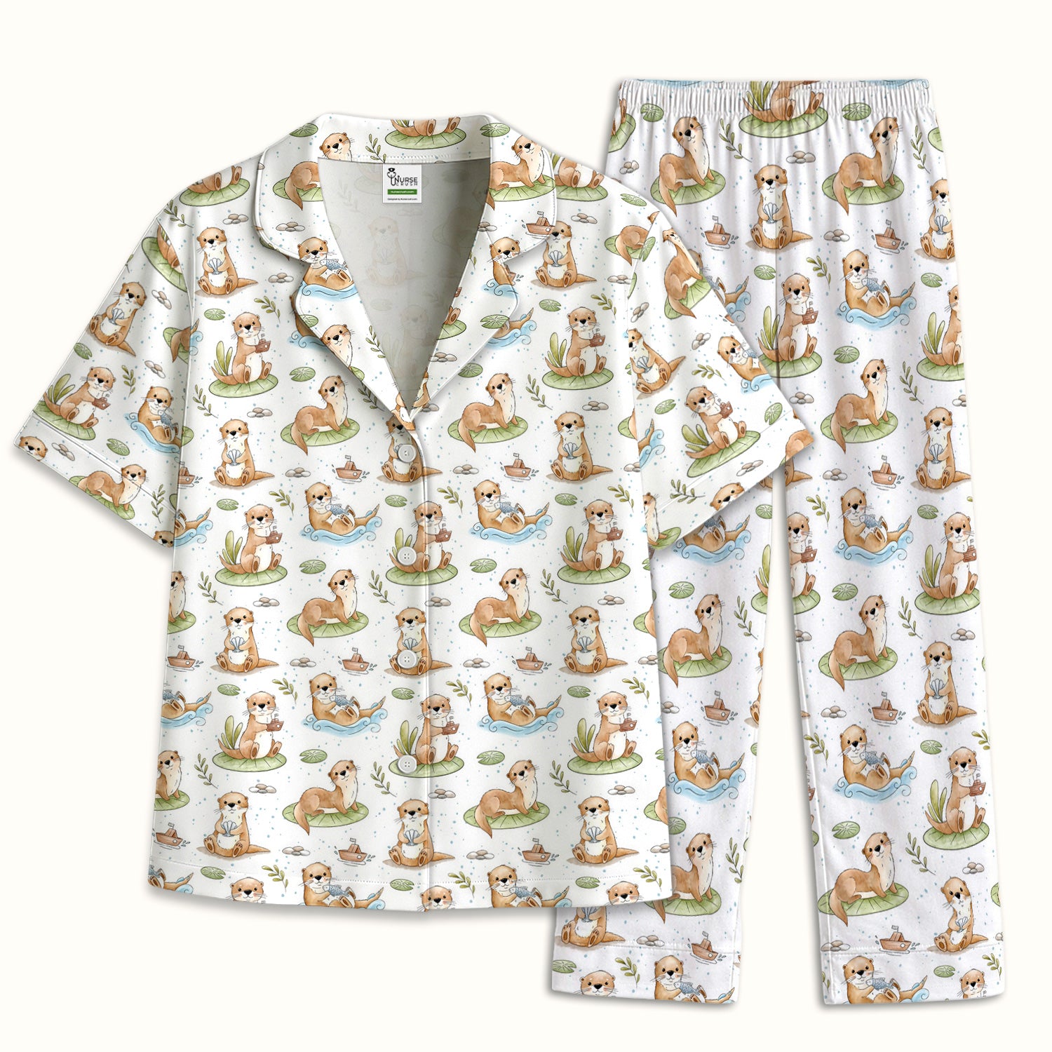 Cute Otter With Lily Pad Pattern Pajama Set, Soft Breathable Fabric Comfortable Sleepwear