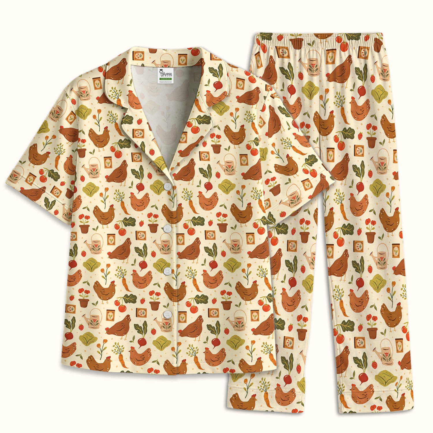 Rustic Farm Chicken Garden Vegetable Pattern Pajama Set, Soft Breathable Fabric Comfortable Sleepwear