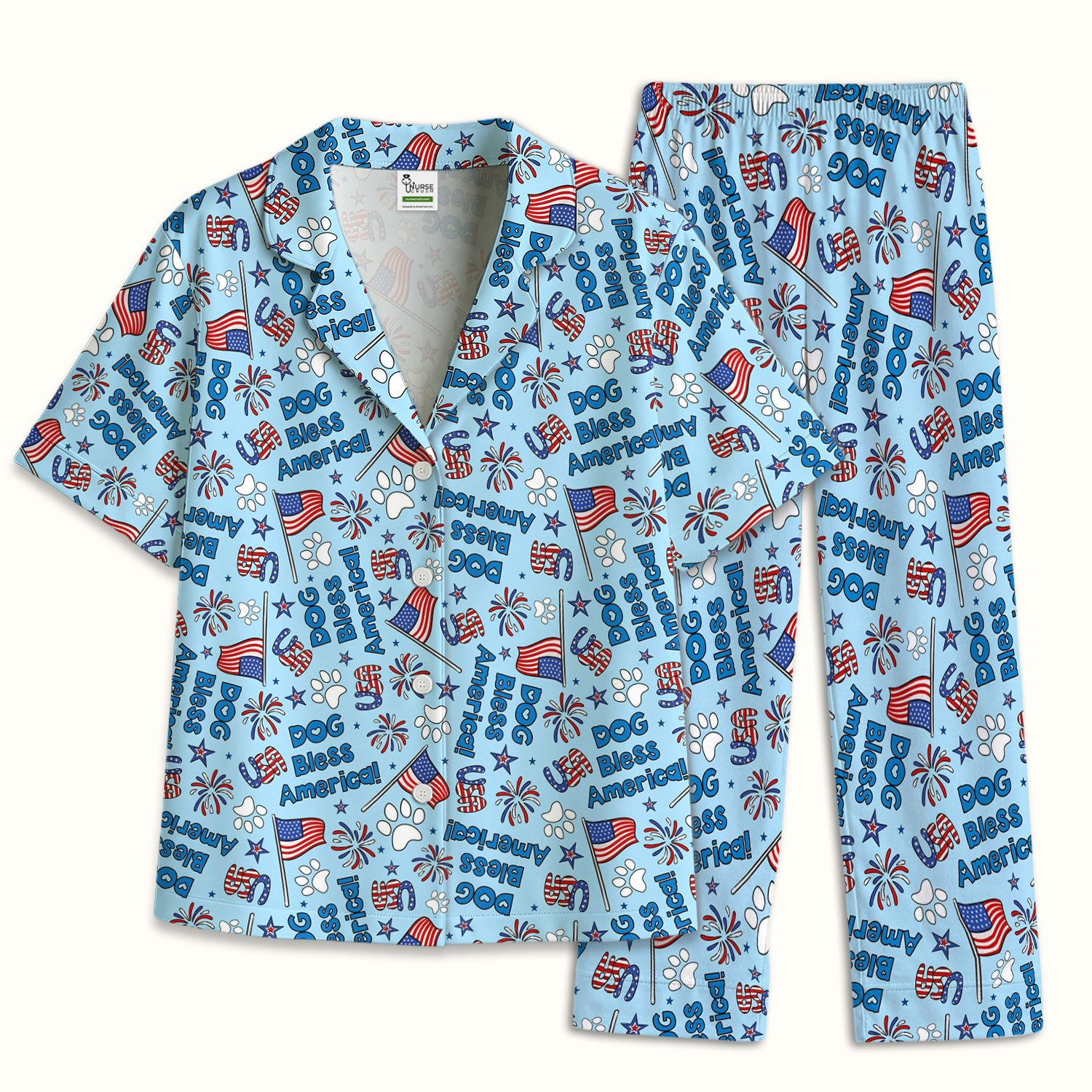 Funny Patriotic Dog Bless America Flag Pattern Pajama Set, Soft Breathable Fabric Comfortable Sleepwear