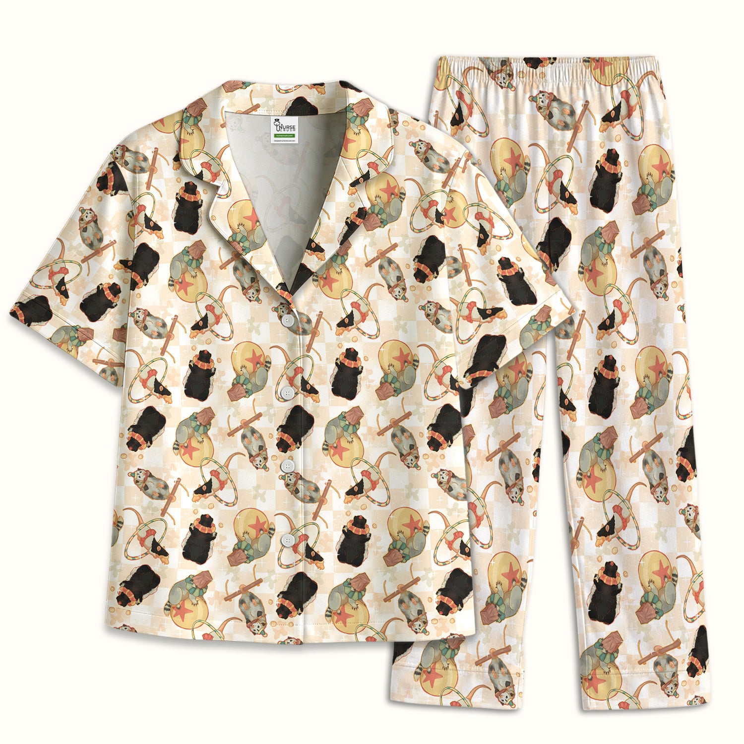 Cute Circus Animal Mouse Acrobat Pattern Pajama Set, Soft Breathable Fabric Comfortable Sleepwear
