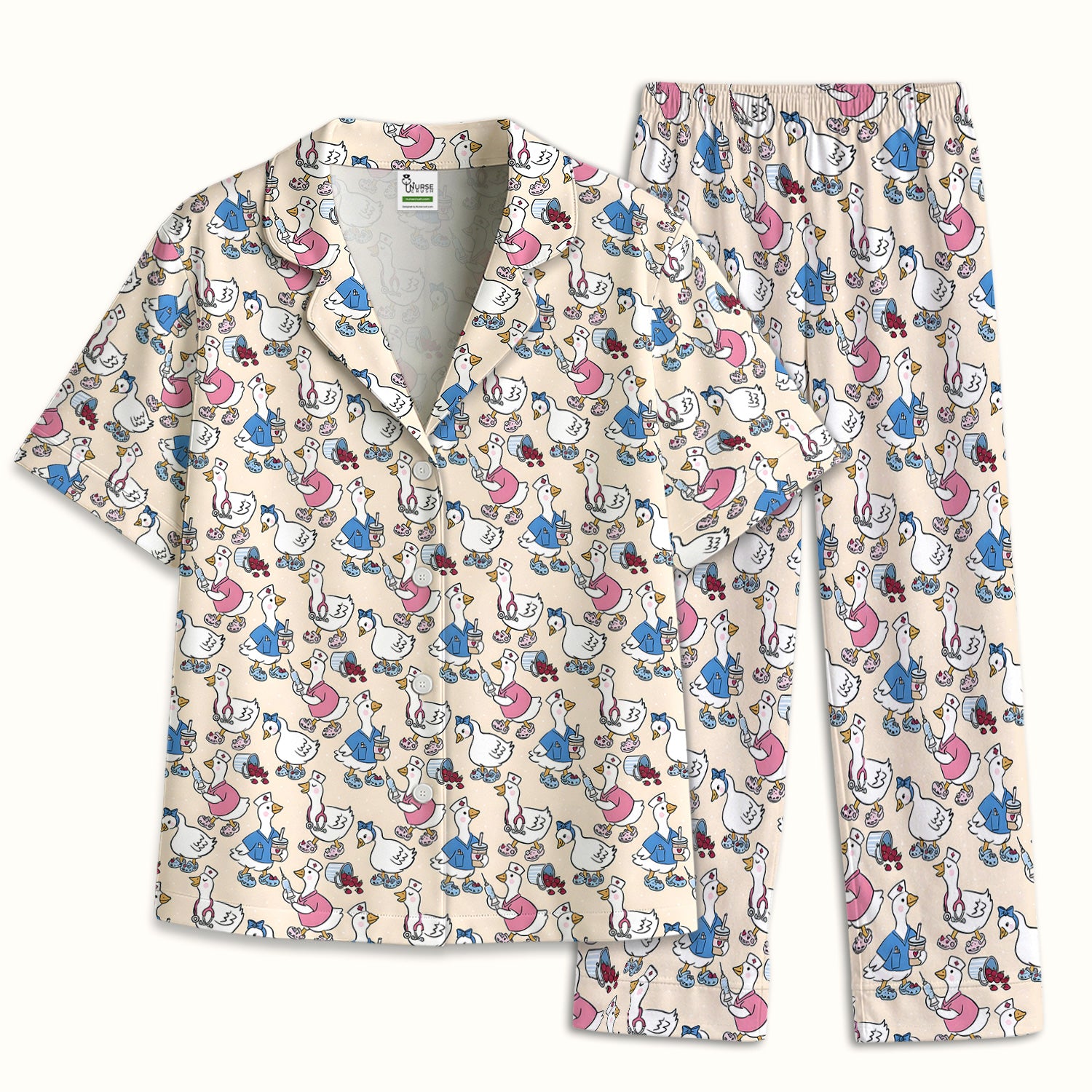 Cute Nurse Goose Cartoon Pattern Pajama Set, Soft Breathable Fabric Comfortable Sleepwear