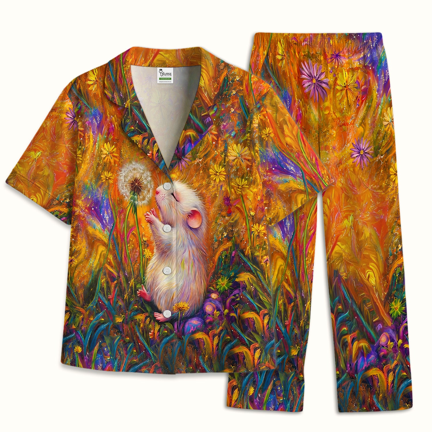 Cute Whimsical Mouse Dandelion Pattern Pajama Set, Soft Breathable Fabric Comfortable Sleepwear