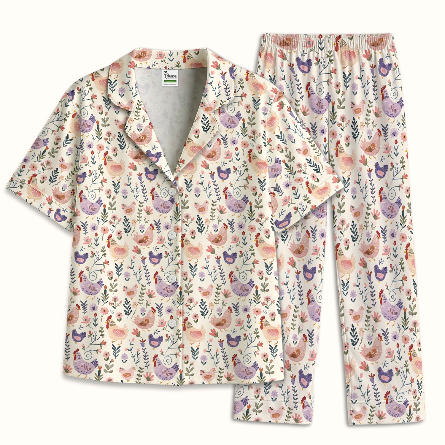 Cute Farm Chicken Floral Garden Pattern Pajama Set, Soft Breathable Fabric Comfortable Sleepwear