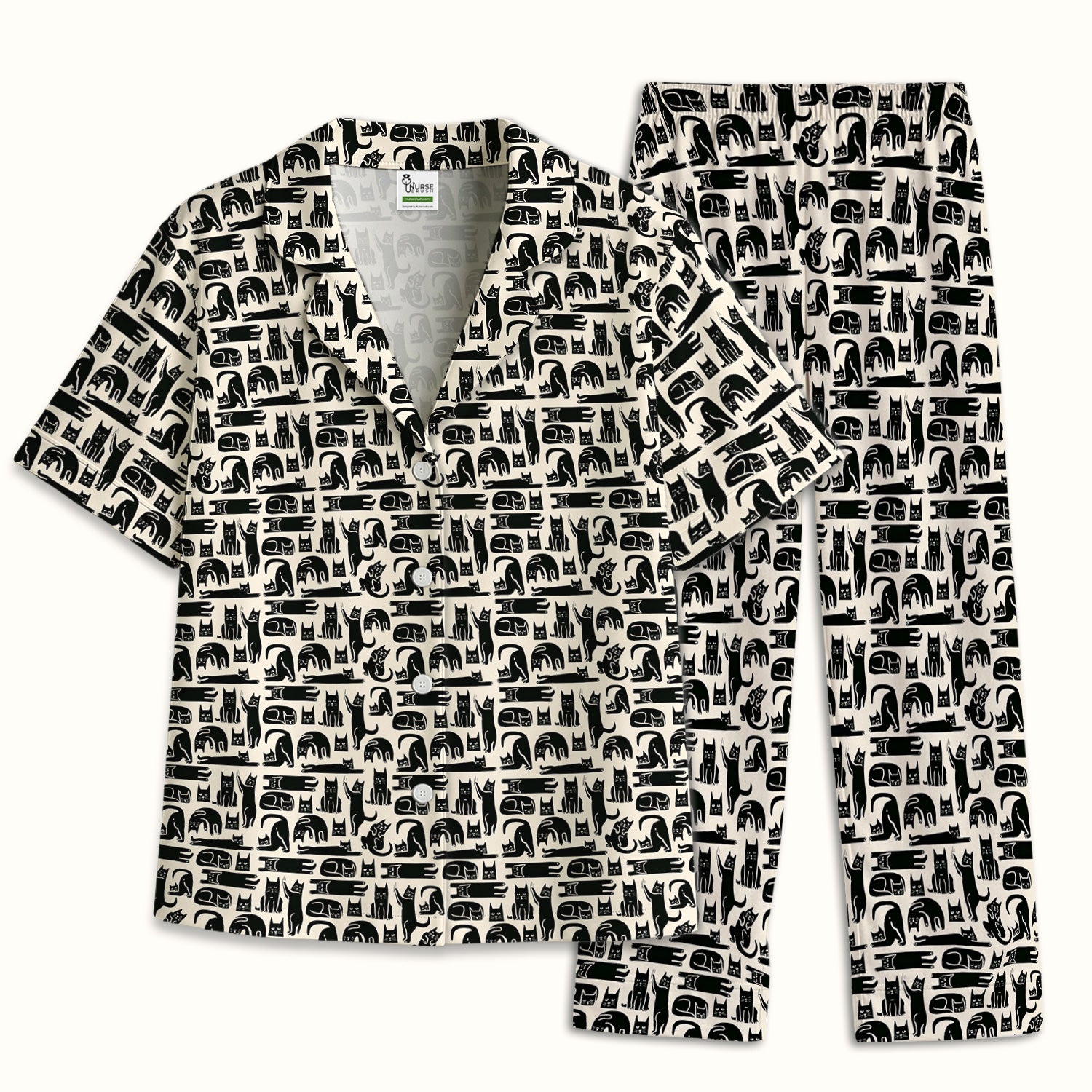 Cute Funny Cat Poses Print Pajama Set, Breathable Fabrics Uniform
