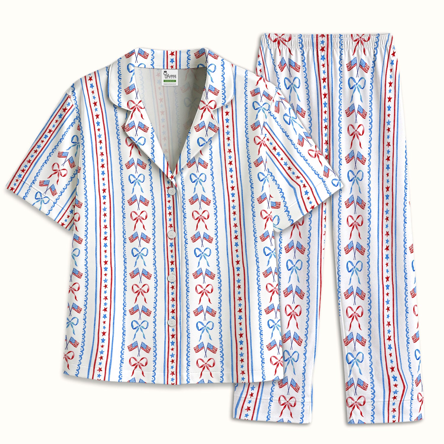 Patriotic USA Flag Bow Stripe Pattern Pajama Set, Soft Breathable Fabric Comfortable Sleepwear