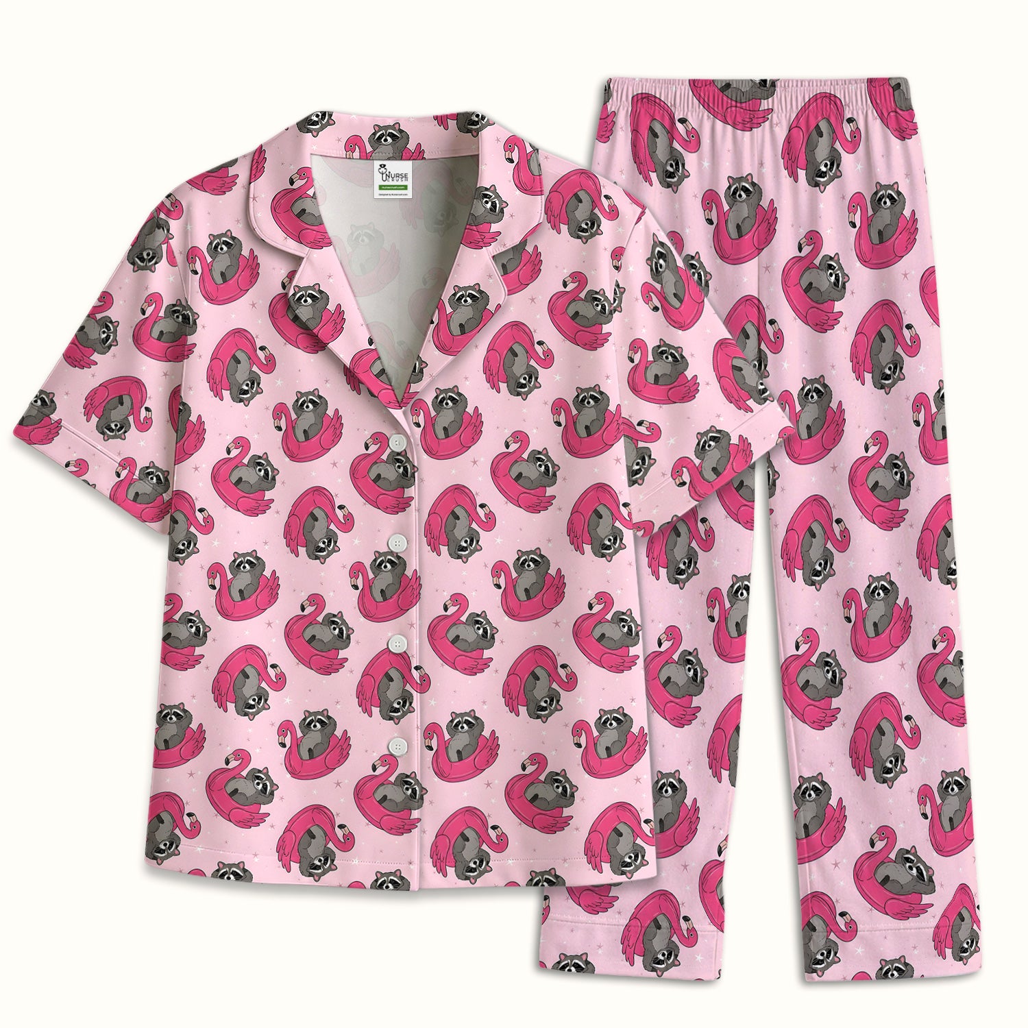 Cute Raccoon Flamingo Float Pattern Pajama Set, Soft Breathable Fabric Comfortable Sleepwear