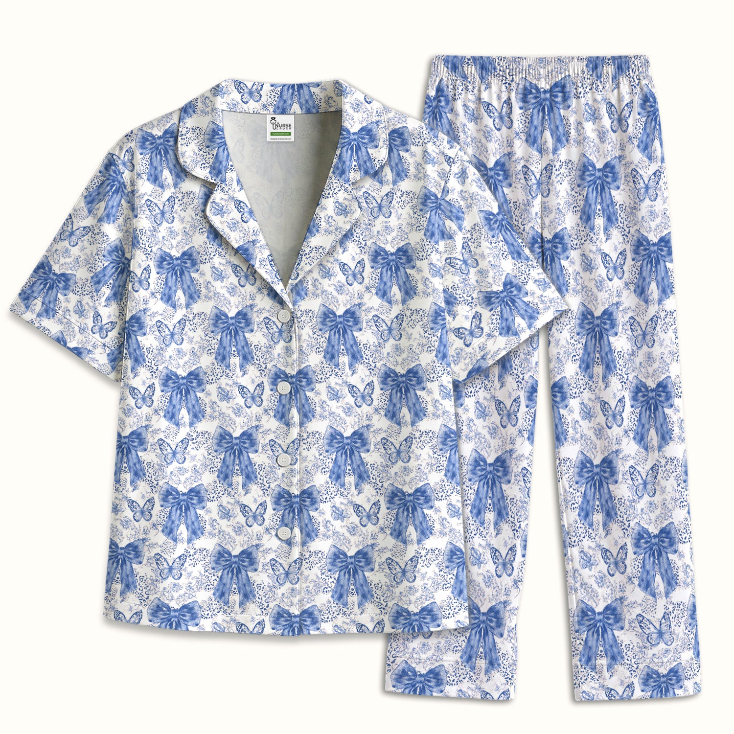 Blue Bow And Butterfly Vintage Floral Pajama Set, Breathable Fabrics Uniform