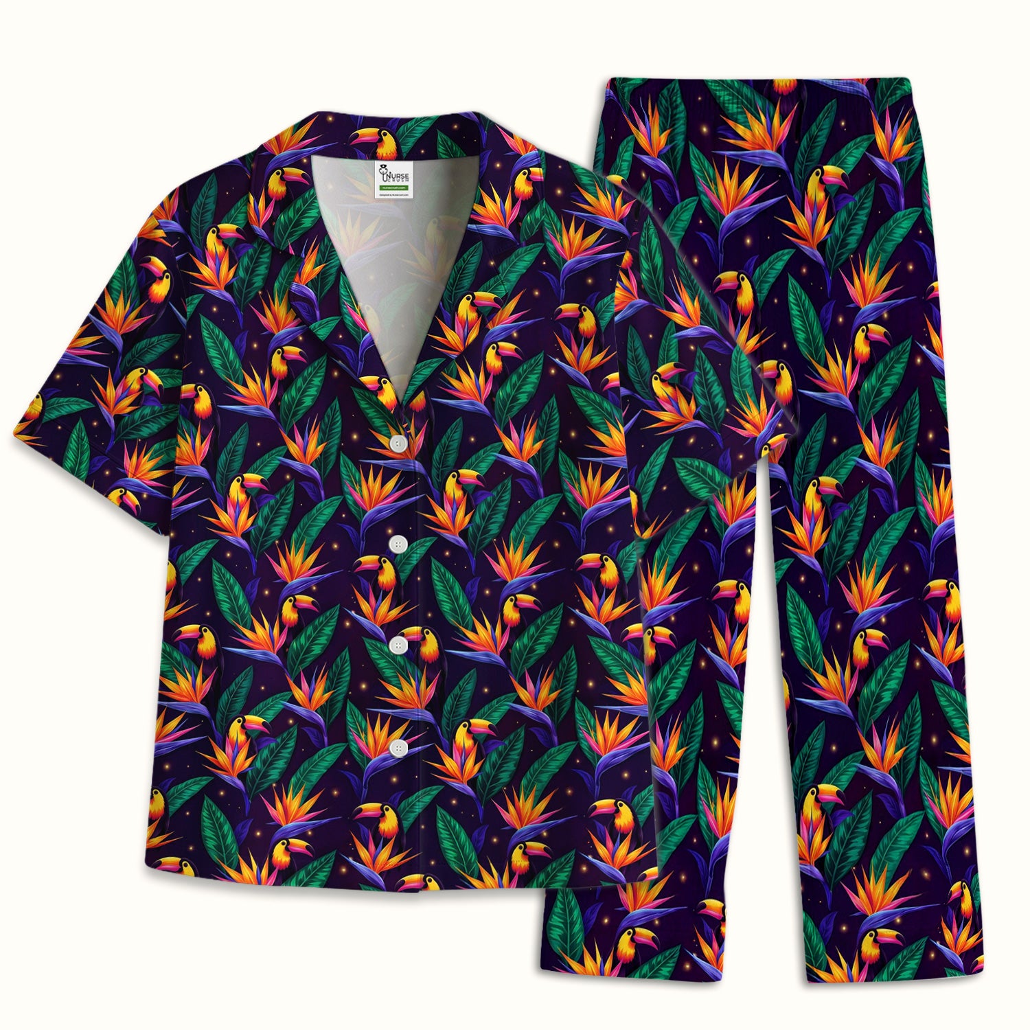 Tropical Toucan Bird Paradise Leaves Pattern Pajama Set, Soft Breathable Fabric Comfortable Sleepwear