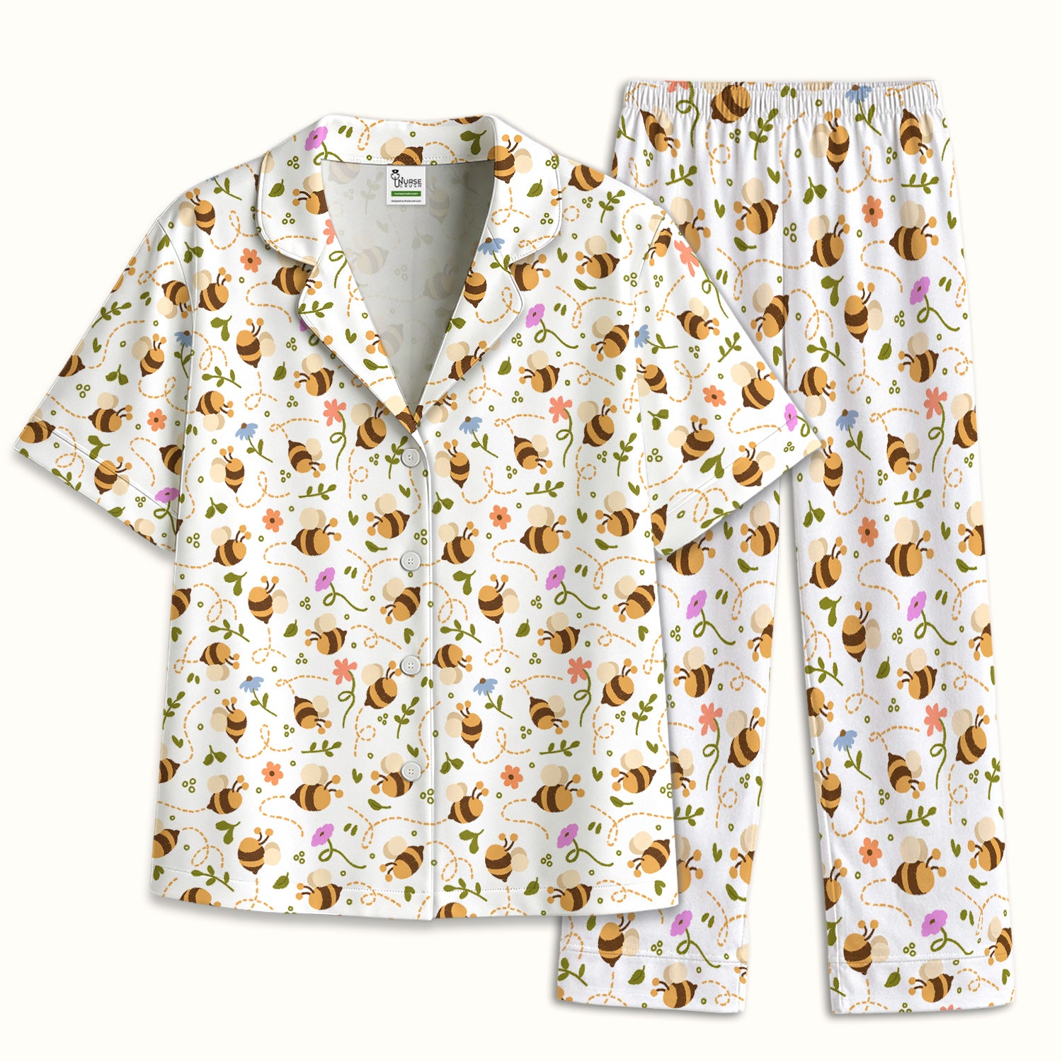 Bee Flying Floral Trail Garden Pattern Pajama Set, Breathable Fabrics Uniform