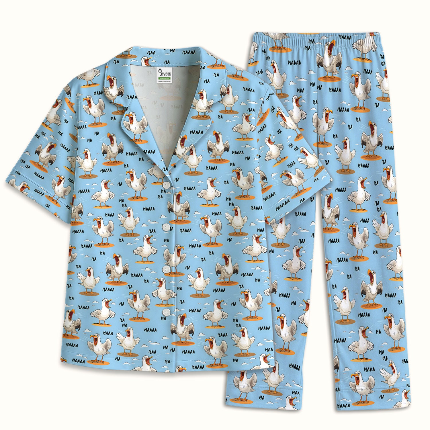 Funny Screaming Seagull Sky Pattern Pajama Set, Soft Breathable Fabric Comfortable Sleepwear