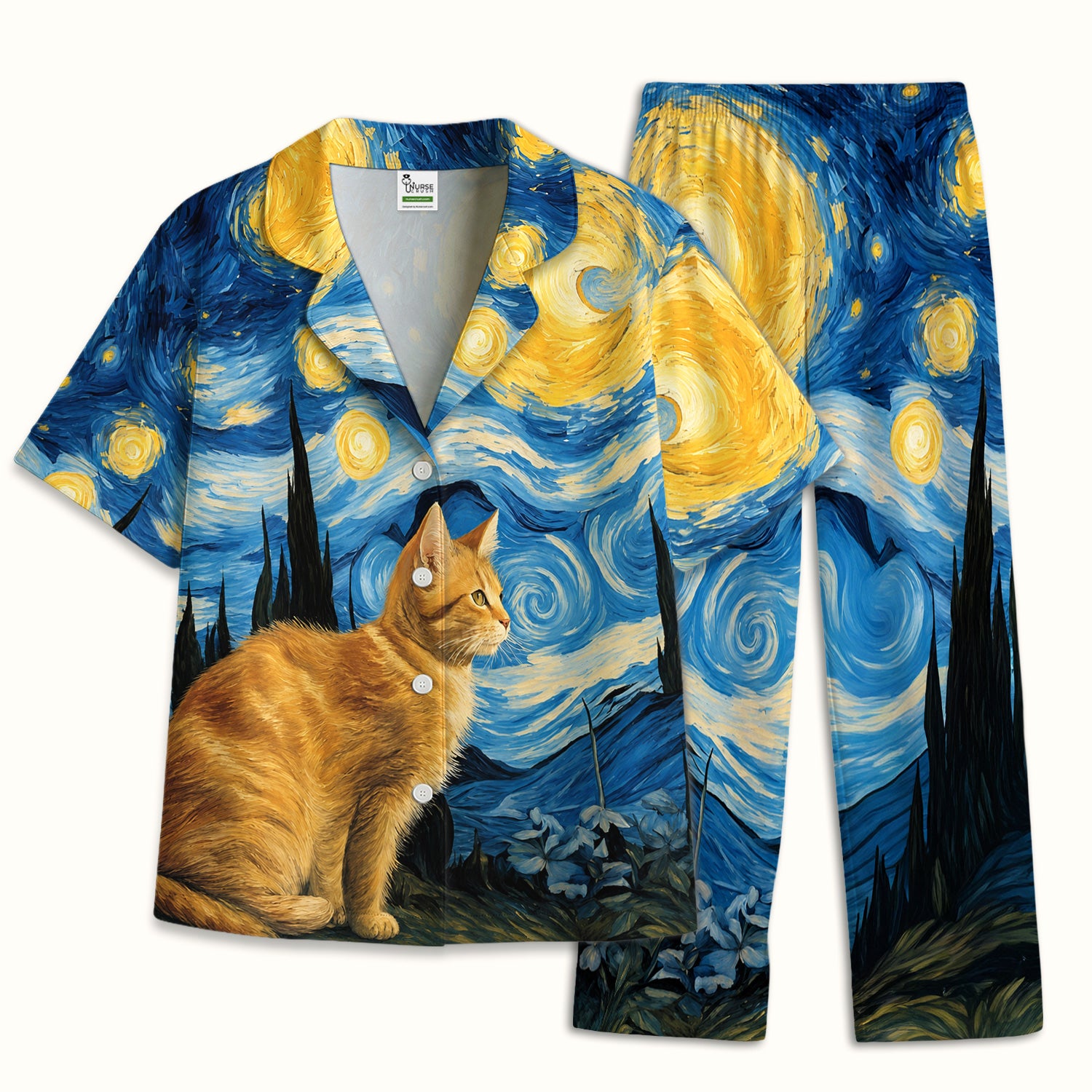 Swirling Moonlit Cat Scene Print Pajama Set, Soft Breathable Fabric Comfortable Sleepwear