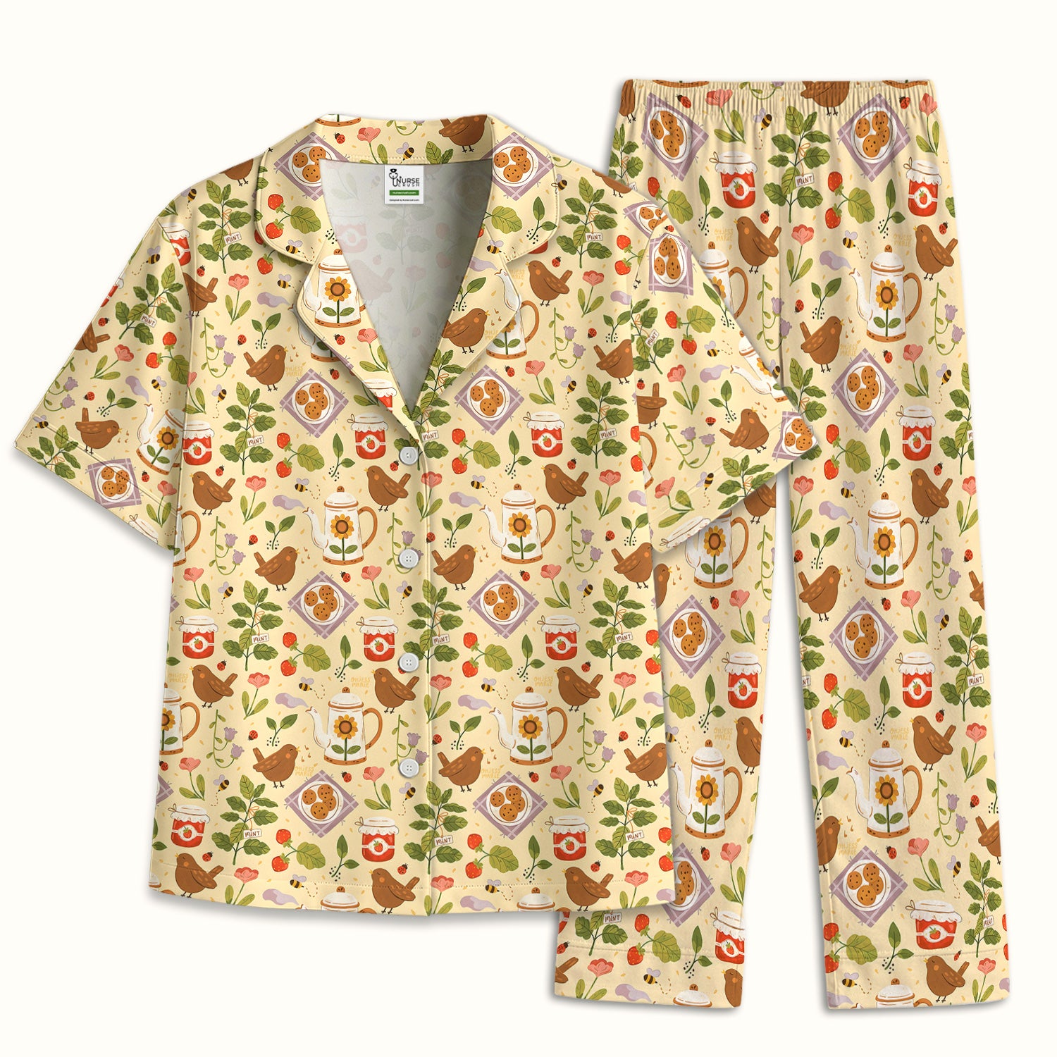 Cute Garden Tea Bird Strawberry Pattern Pajama Set, Soft Breathable Fabric Comfortable Sleepwear