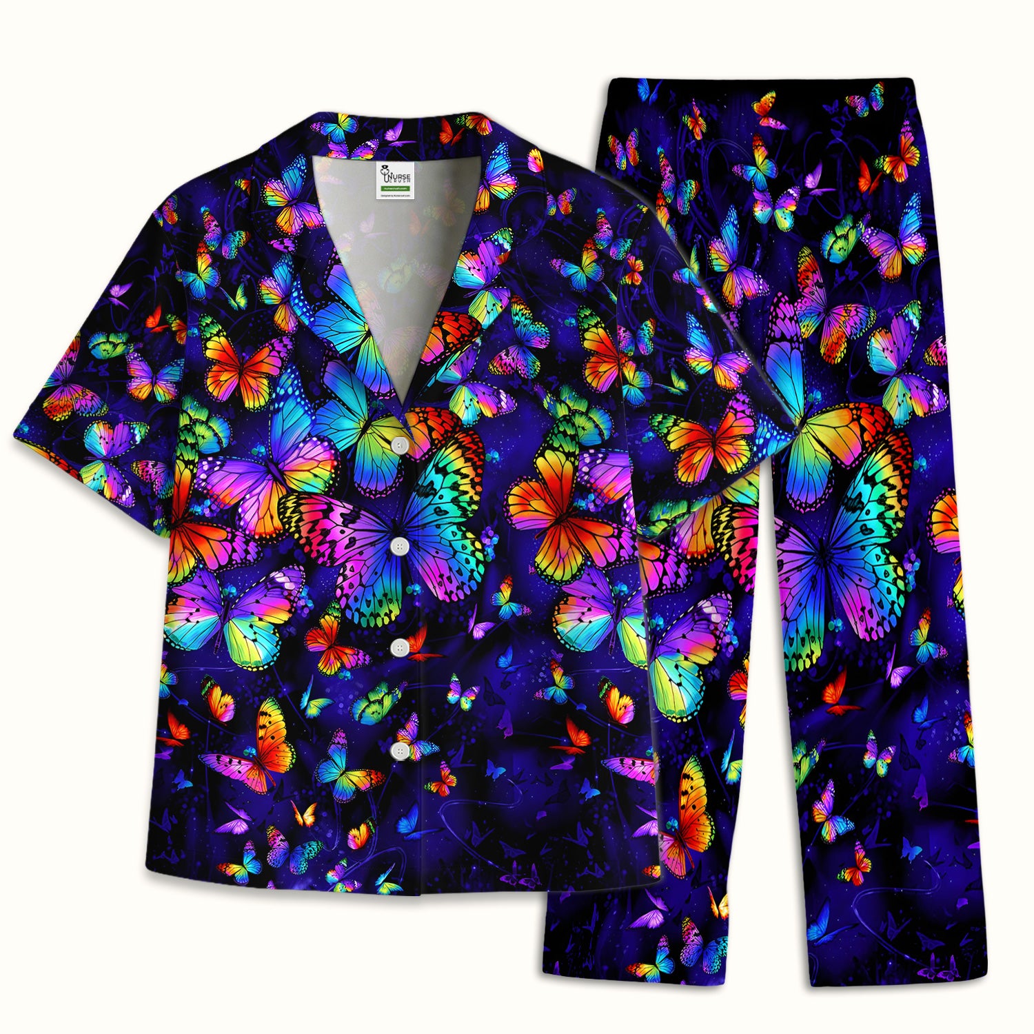Vibrant Rainbow Butterfly Galaxy Pattern Pajama Set, Soft Breathable Fabric Comfortable Sleepwear