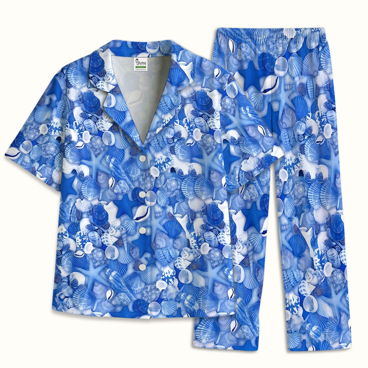 Blue Seashell Starfish Ocean Pattern Pajama Set, Soft Breathable Fabric Comfortable Sleepwear