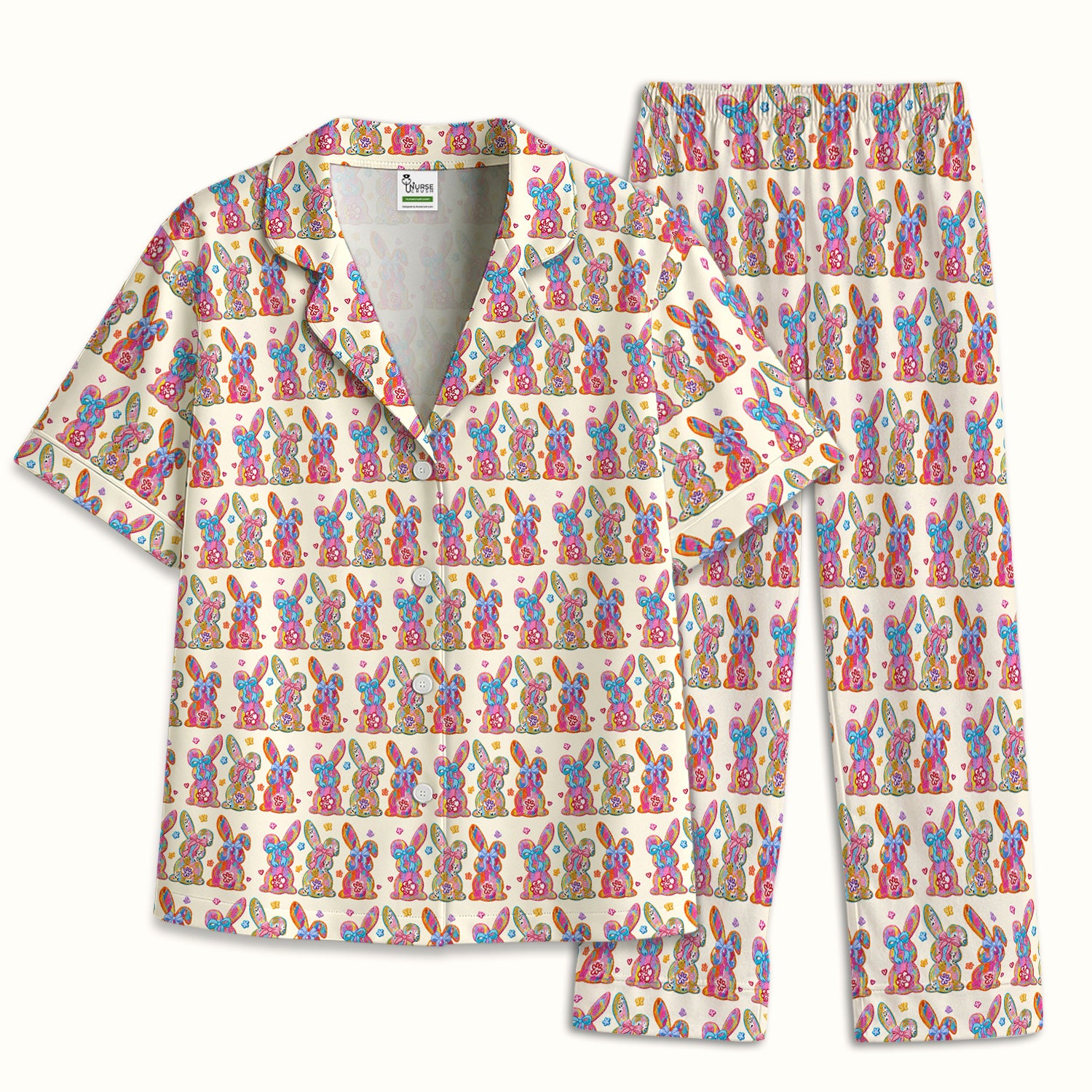 Cute Pastel Bunny Floral Pattern Pajama Set, Breathable Fabrics Uniform