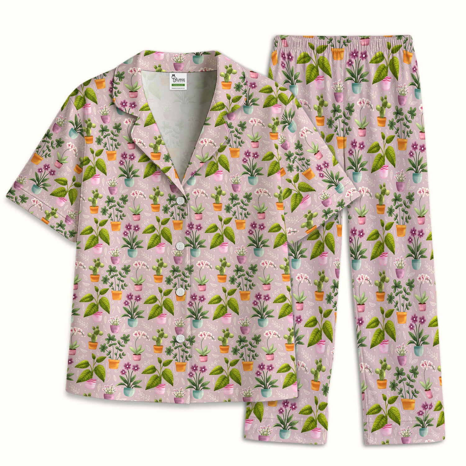 Potted Plant Orchid Cactus Pattern Pajama Set, Soft Breathable Fabric Comfortable Sleepwear