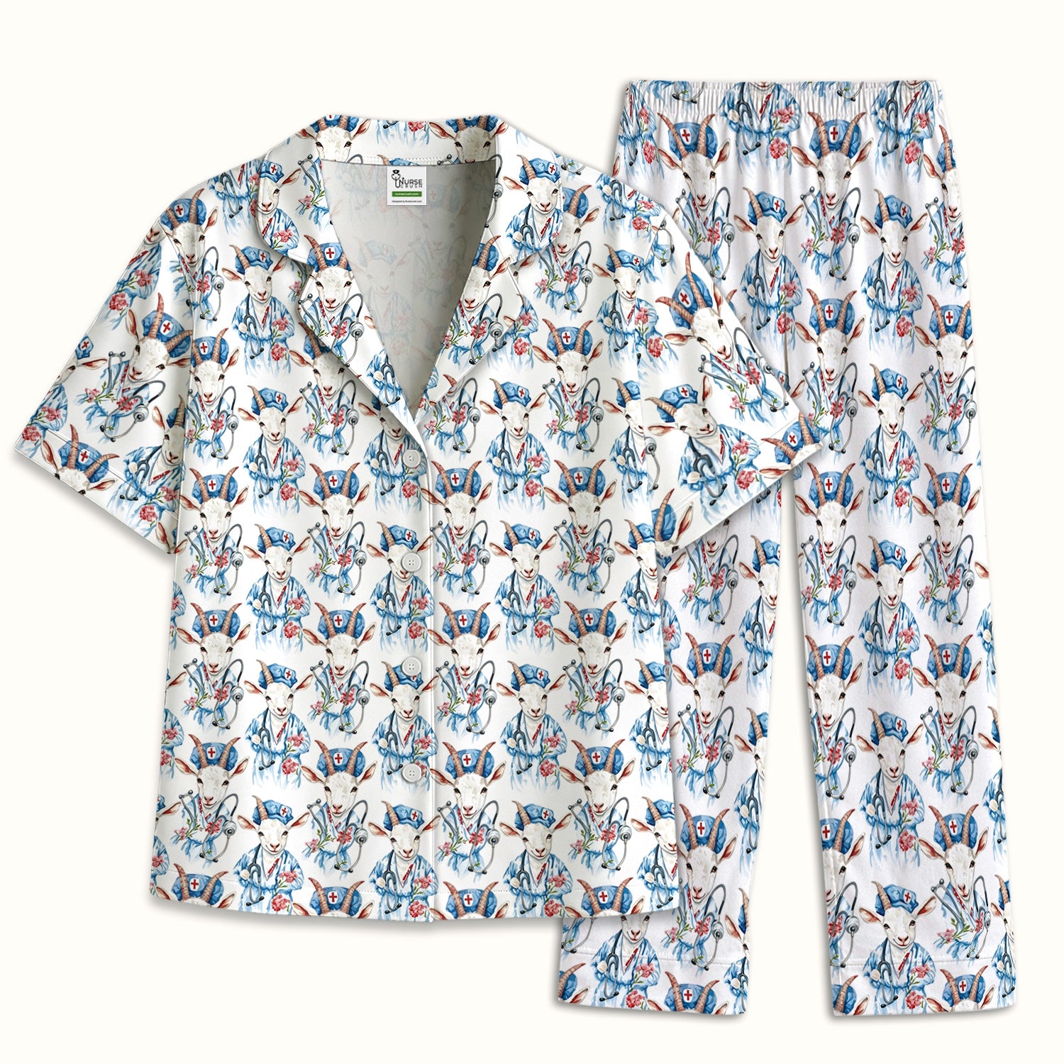 Cute Goat Animal Lover Pattern Pajama Set, Soft Breathable Fabric Comfortable Sleepwear