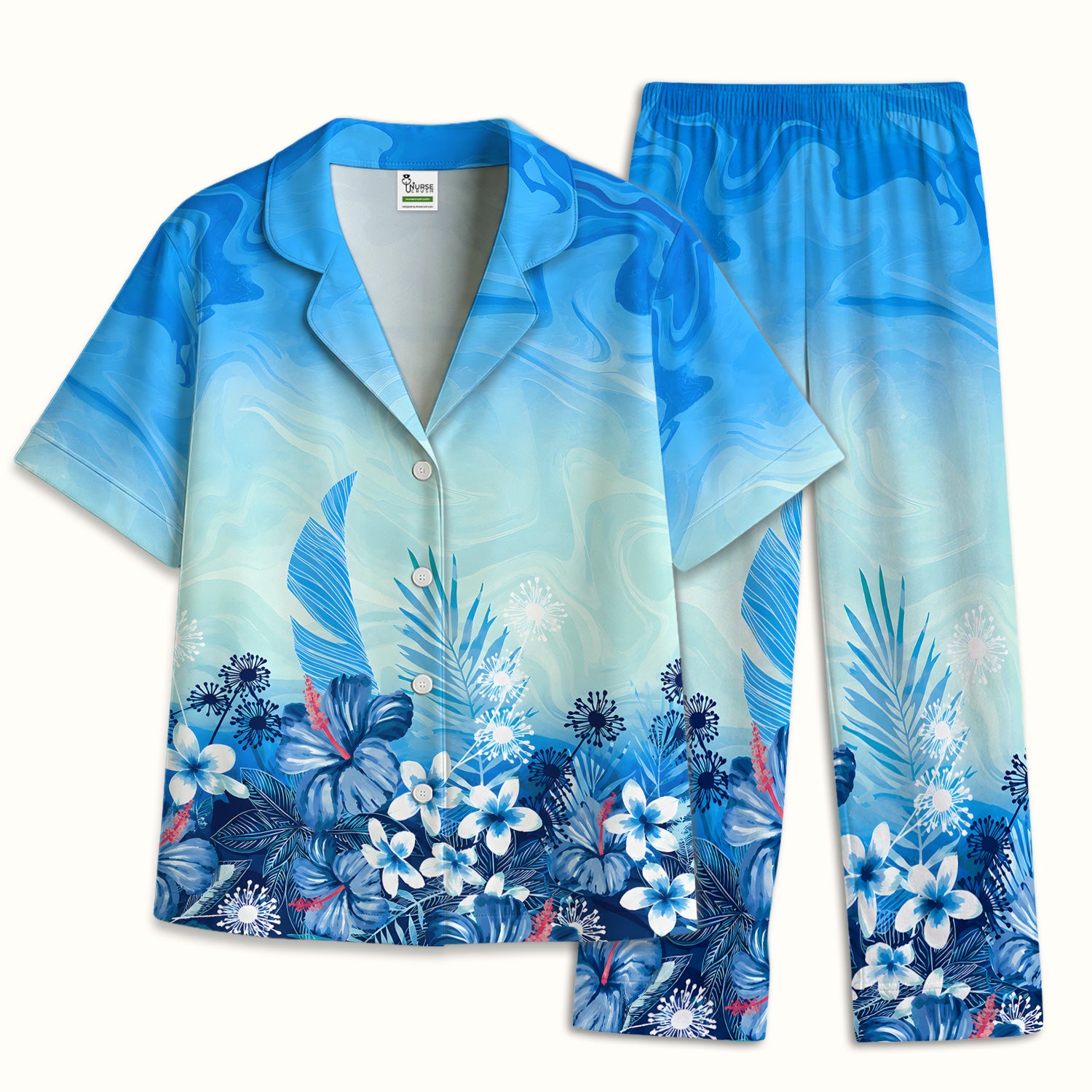 Elegant Blue Tropical Floral Pattern Pajama Set, Soft Breathable Fabric Comfortable Sleepwear