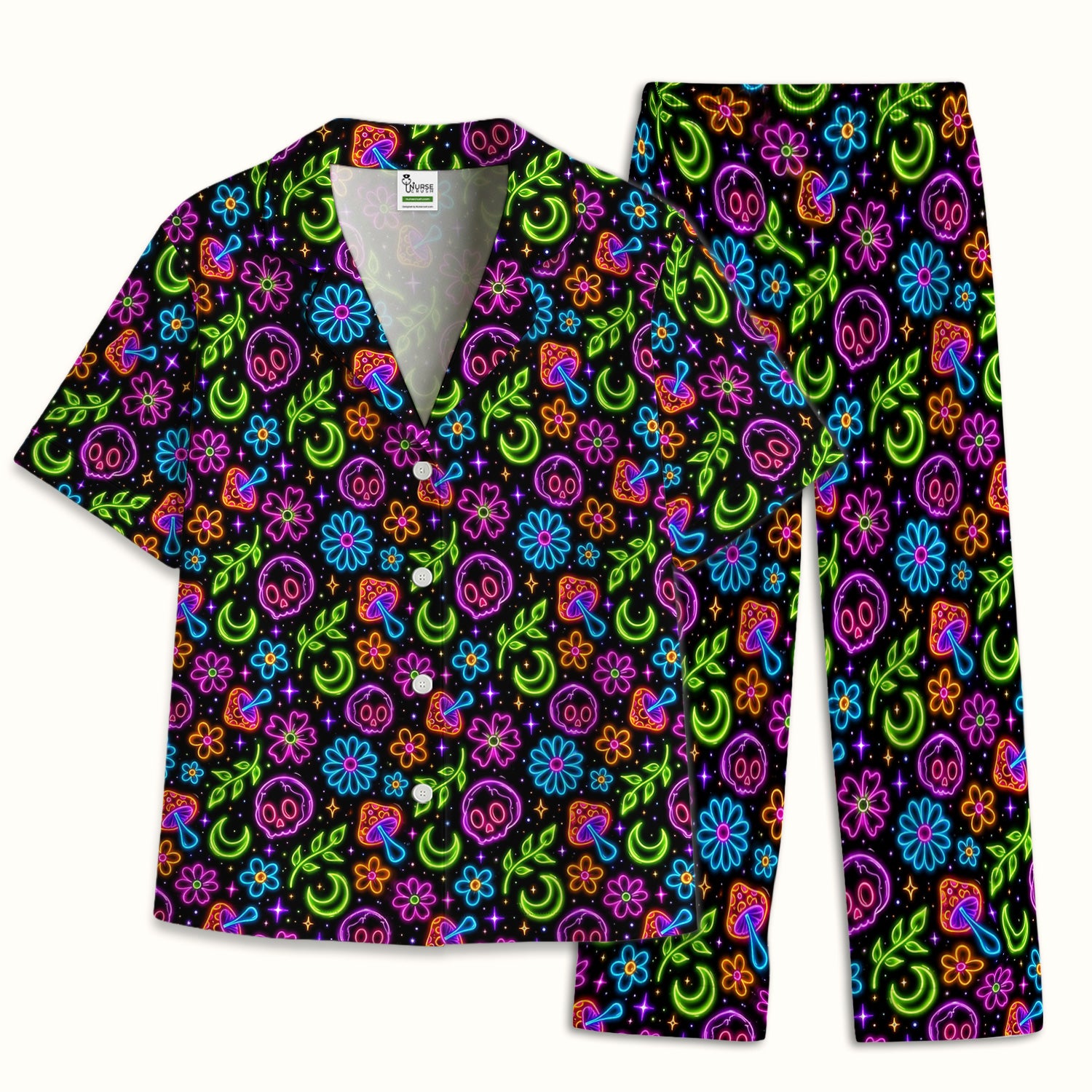 Neon Skull Mushroom Floral Pajama Set, Colorful Gothic Fabrics Uniform