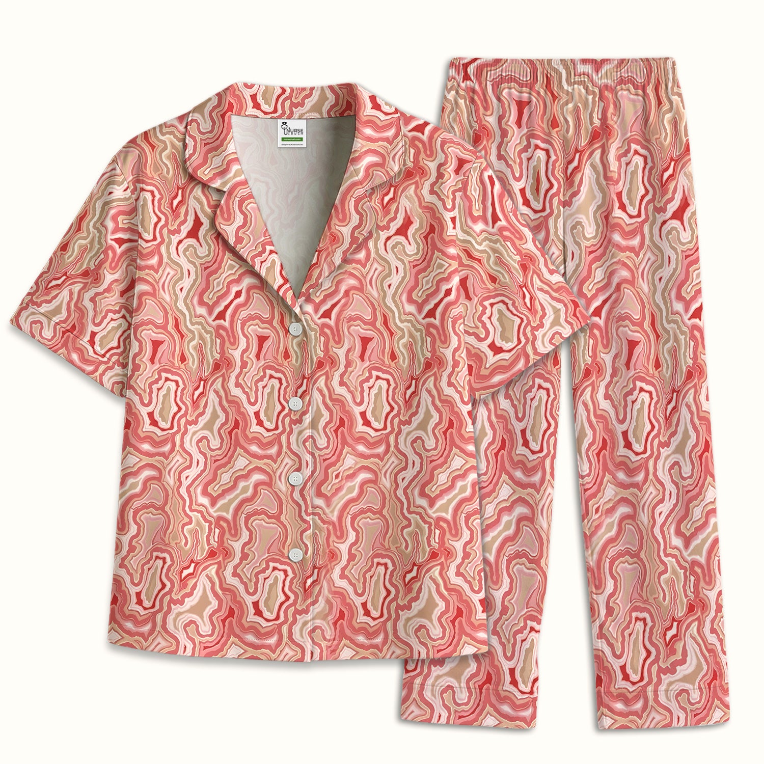 Pink Marble Swirl Abstract Pattern Pajama Set, Soft Breathable Fabric Comfortable Sleepwear