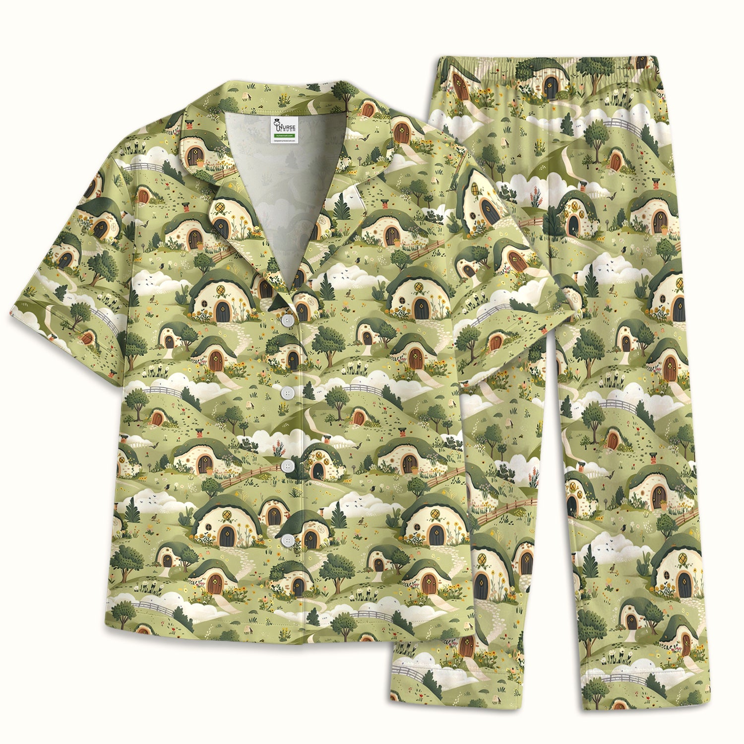 Cozy Hobbit Village Landscape Pattern Pajama Set, Soft Breathable Fabric Comfortable Sleepwear