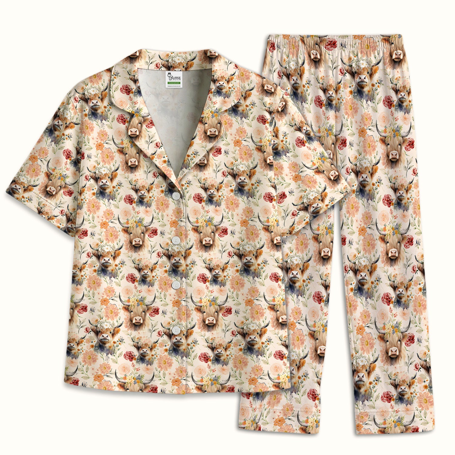 Cute Highland Cow Floral Pattern Pajama Set, Soft Breathable Fabric Comfortable Sleepwear