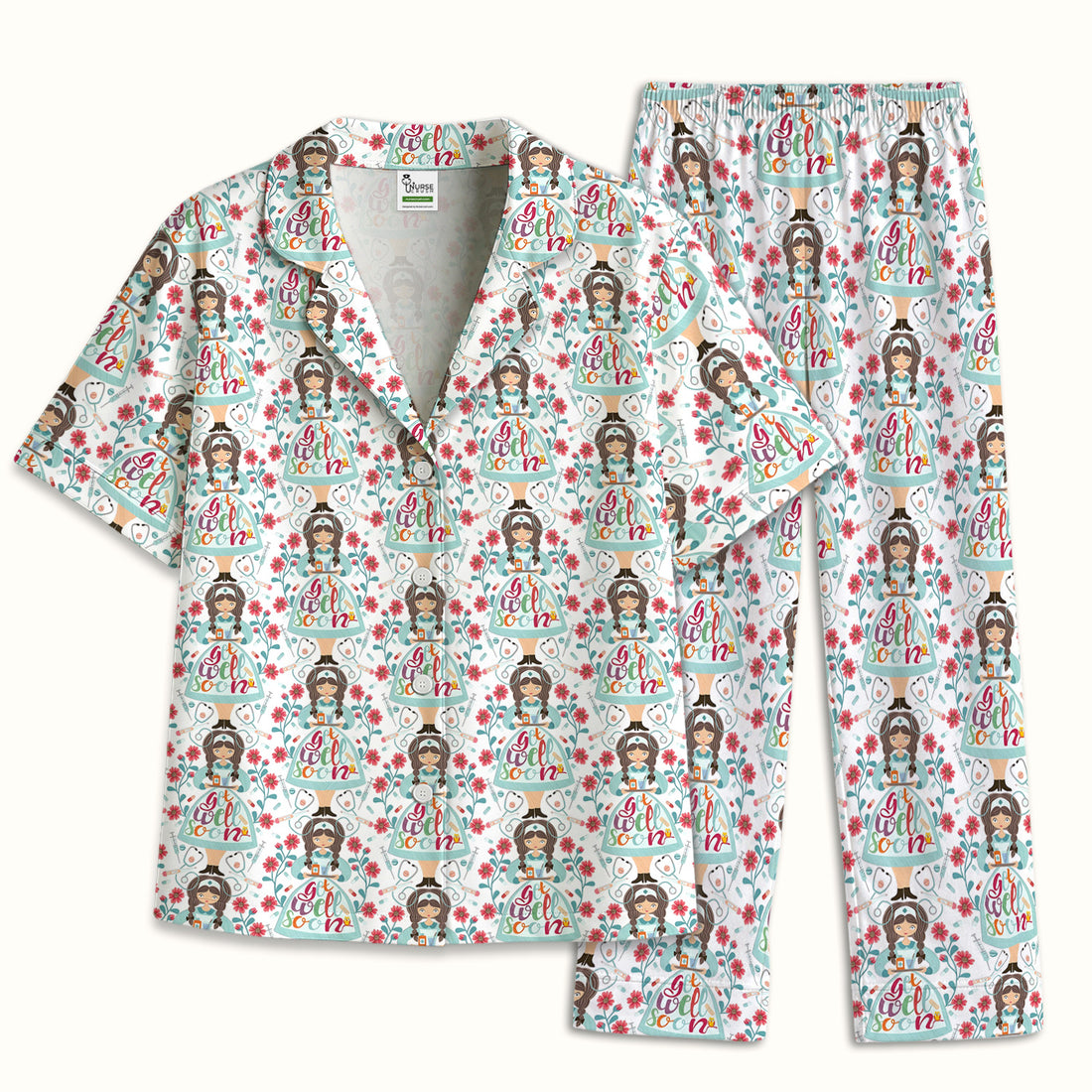 Get Well Soon Girl Floral Caring Pattern Pajama Set, Breathable Fabrics Uniform