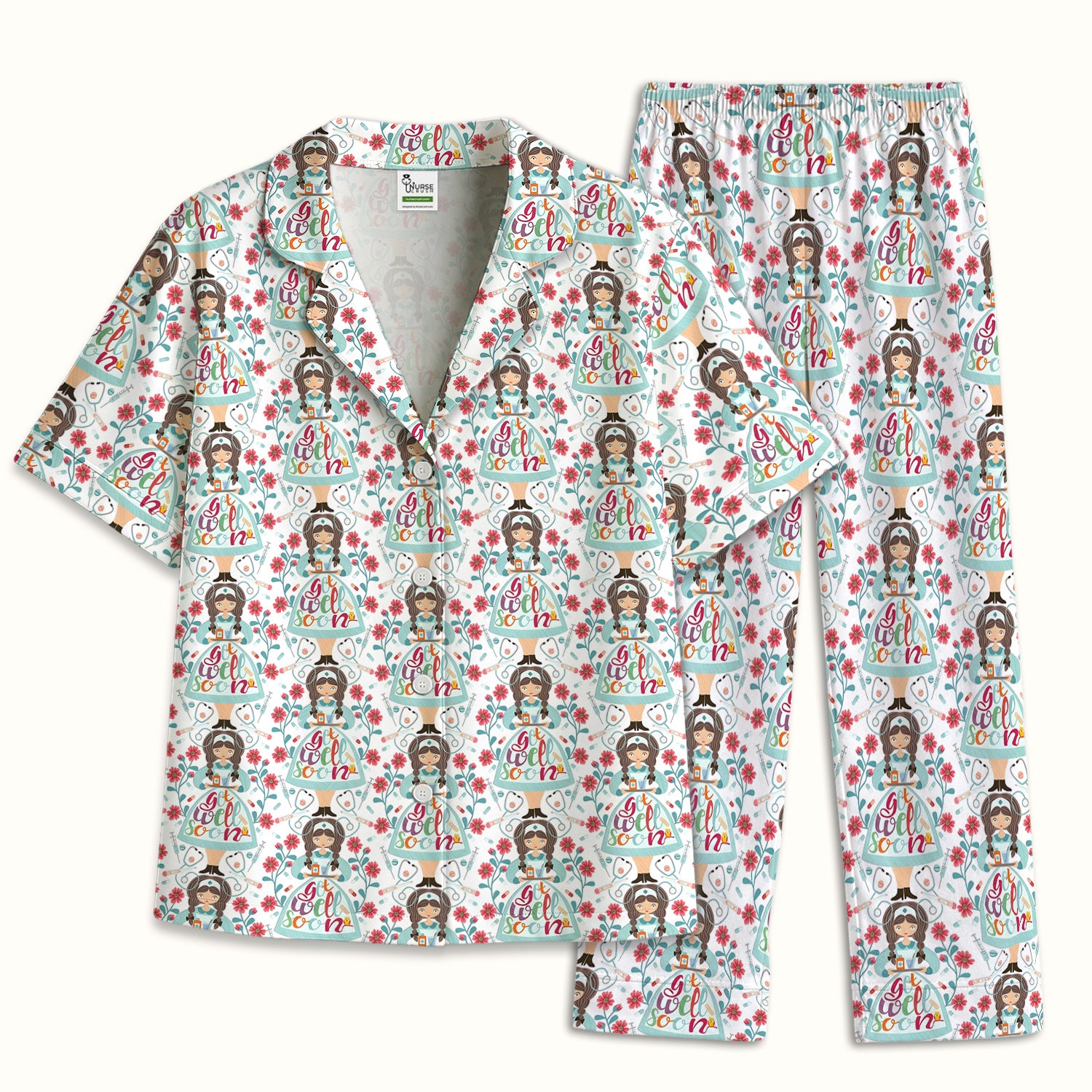 Get Well Soon Girl Floral Caring Pattern Pajama Set, Breathable Fabrics Uniform