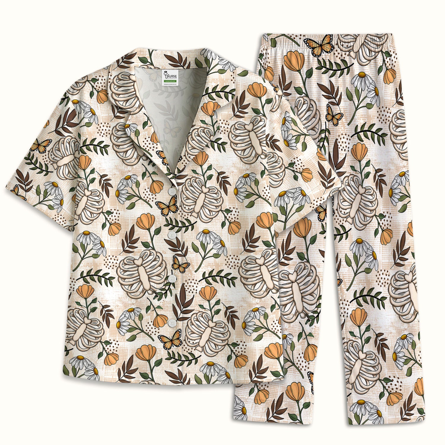 Skeleton Ribcage With Daisy And Butterfly Floral Pajama Set, Breathable Fabrics Uniform