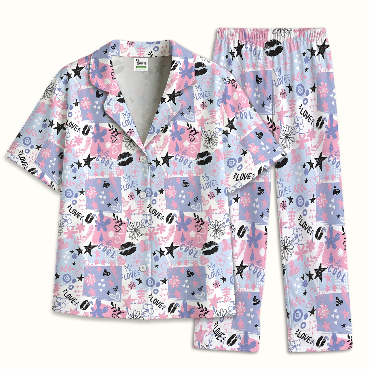 Cute Love Hearts Doodle Print Pajama Set, Soft Breathable Fabric Comfortable Sleepwear