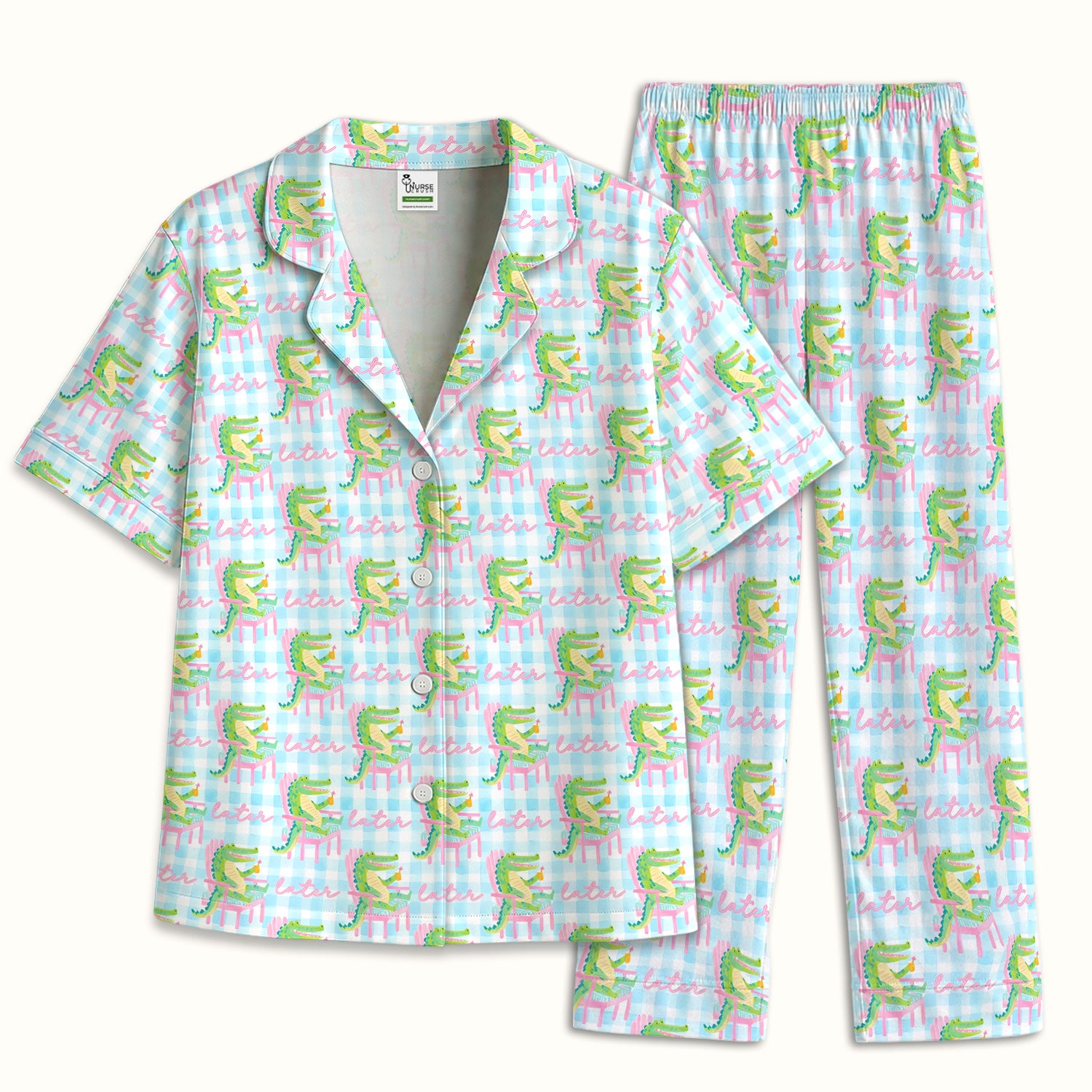Funny Lazy Crocodile Later Pattern Pajama Set, Soft Breathable Fabric Comfortable Sleepwear