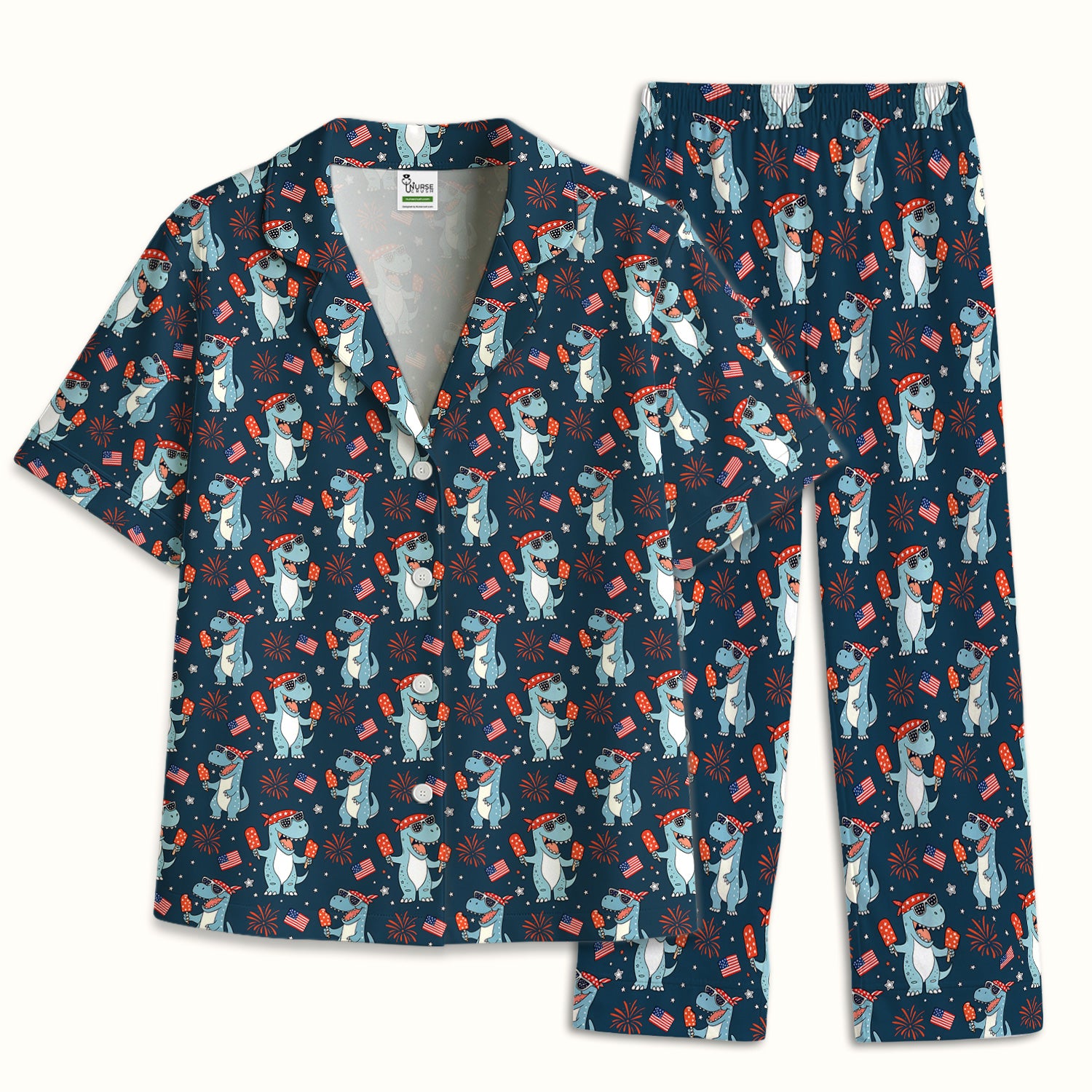Dinosaur With Flag American Pattern Pajama Set, Soft Breathable Fabric Comfortable Sleepwear