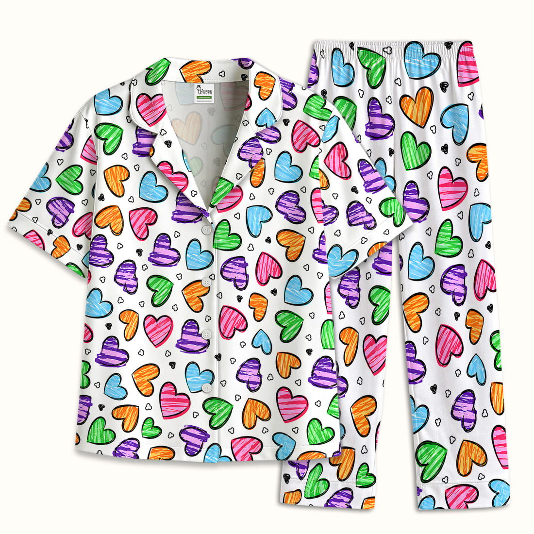 Colorful Doodle Heart Pattern Pajama Set, Soft Breathable Fabric Comfortable Sleepwear