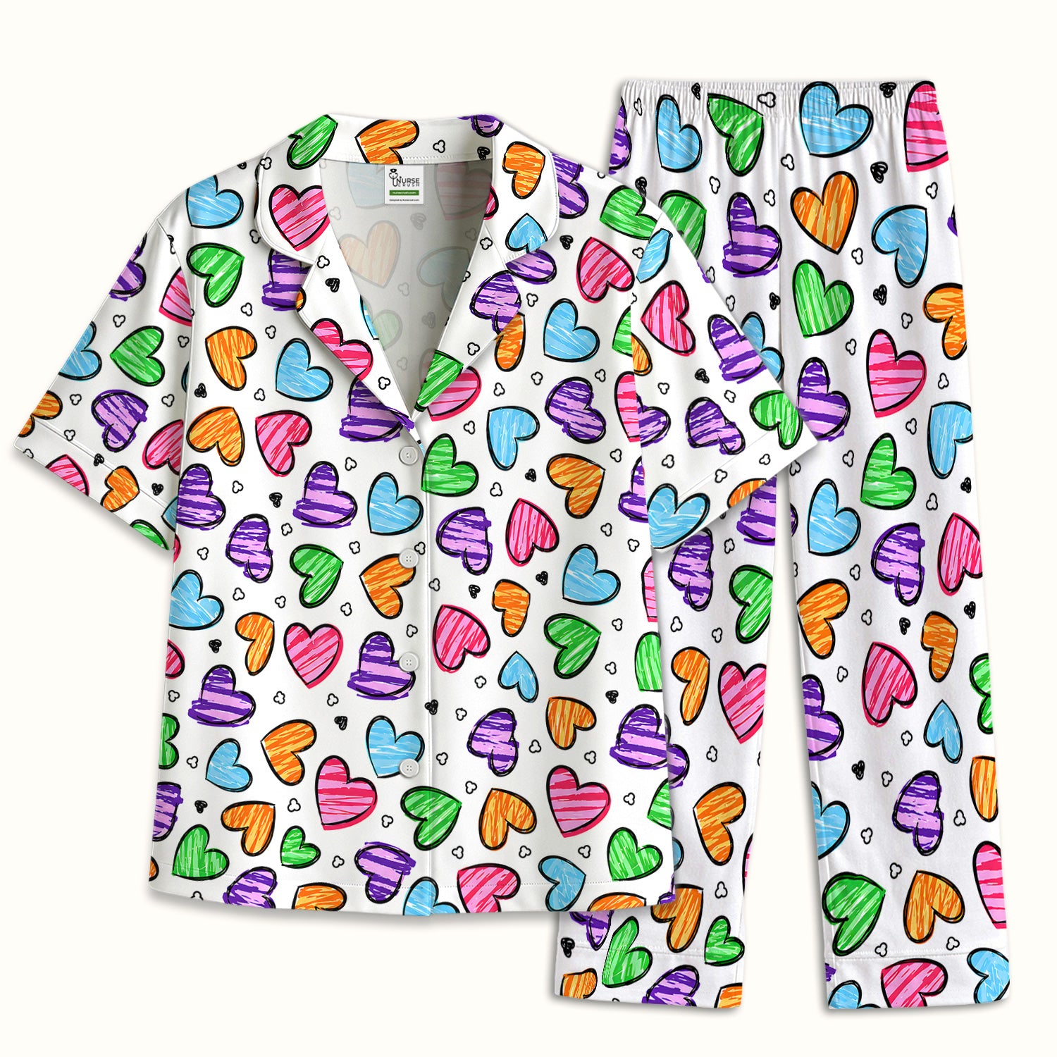 Colorful Doodle Heart Pattern Pajama Set, Soft Breathable Fabric Comfortable Sleepwear