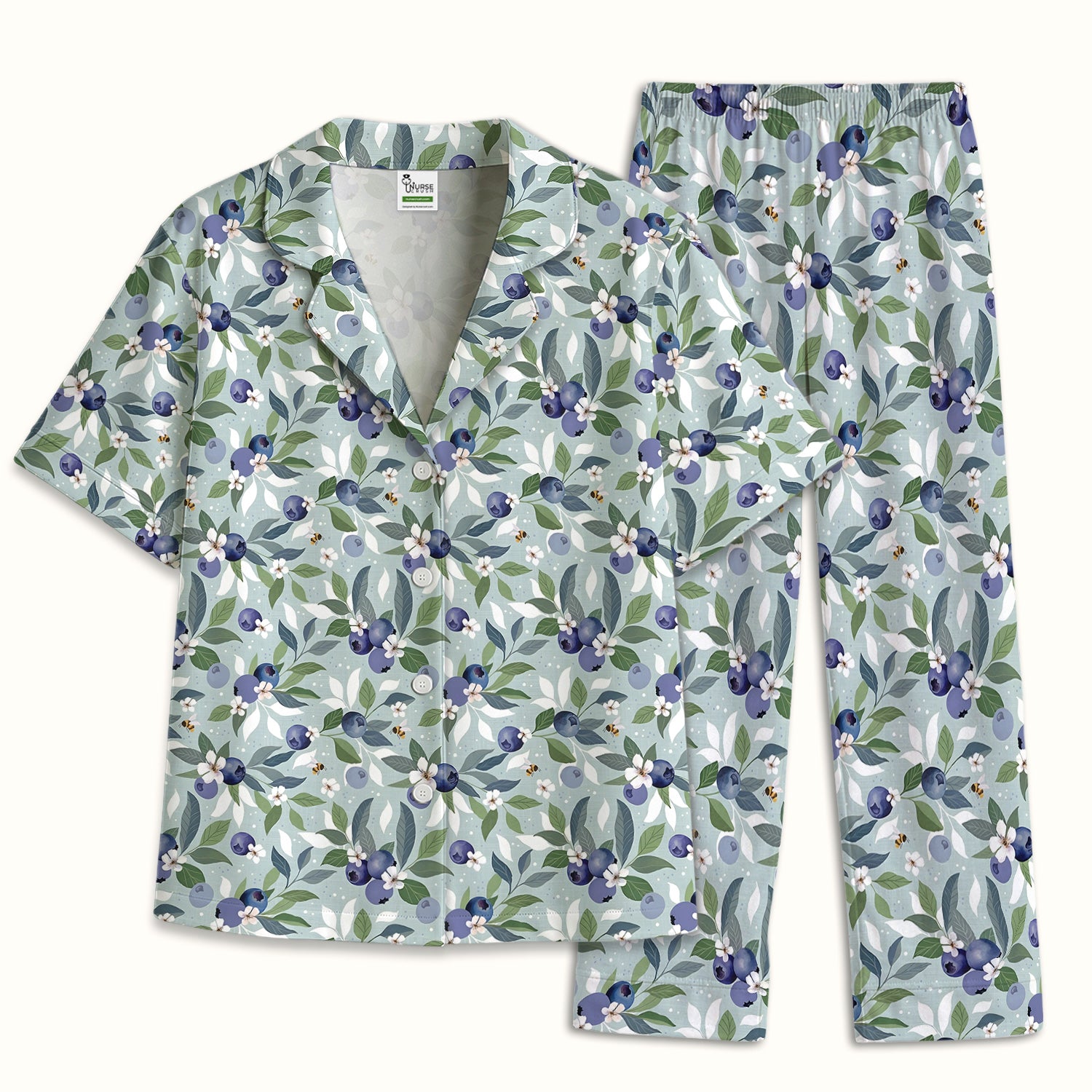 Fresh Blueberry Blossom Garden Pattern Nurse Pajama Set, Soft Breathable Fabric Comfortable Sleepwear
