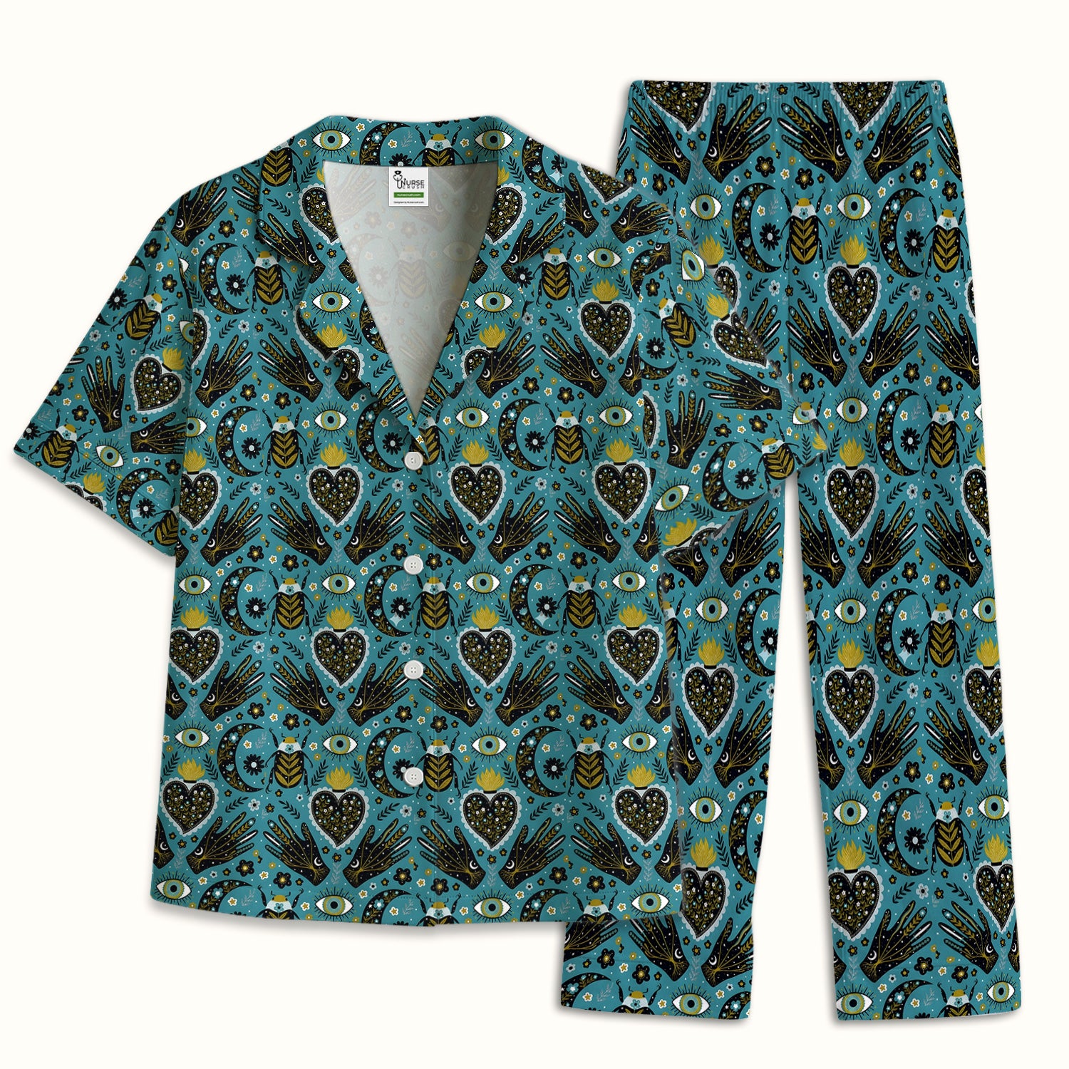 Mystic Celestial Heart & Evil Eye Pattern Pajama Set, Breathable Fabrics Uniform