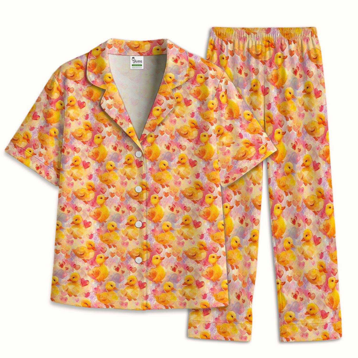 Cute Duck Heart Watercolor Pattern Pajama Set, Soft Breathable Fabric Comfortable Sleepwear