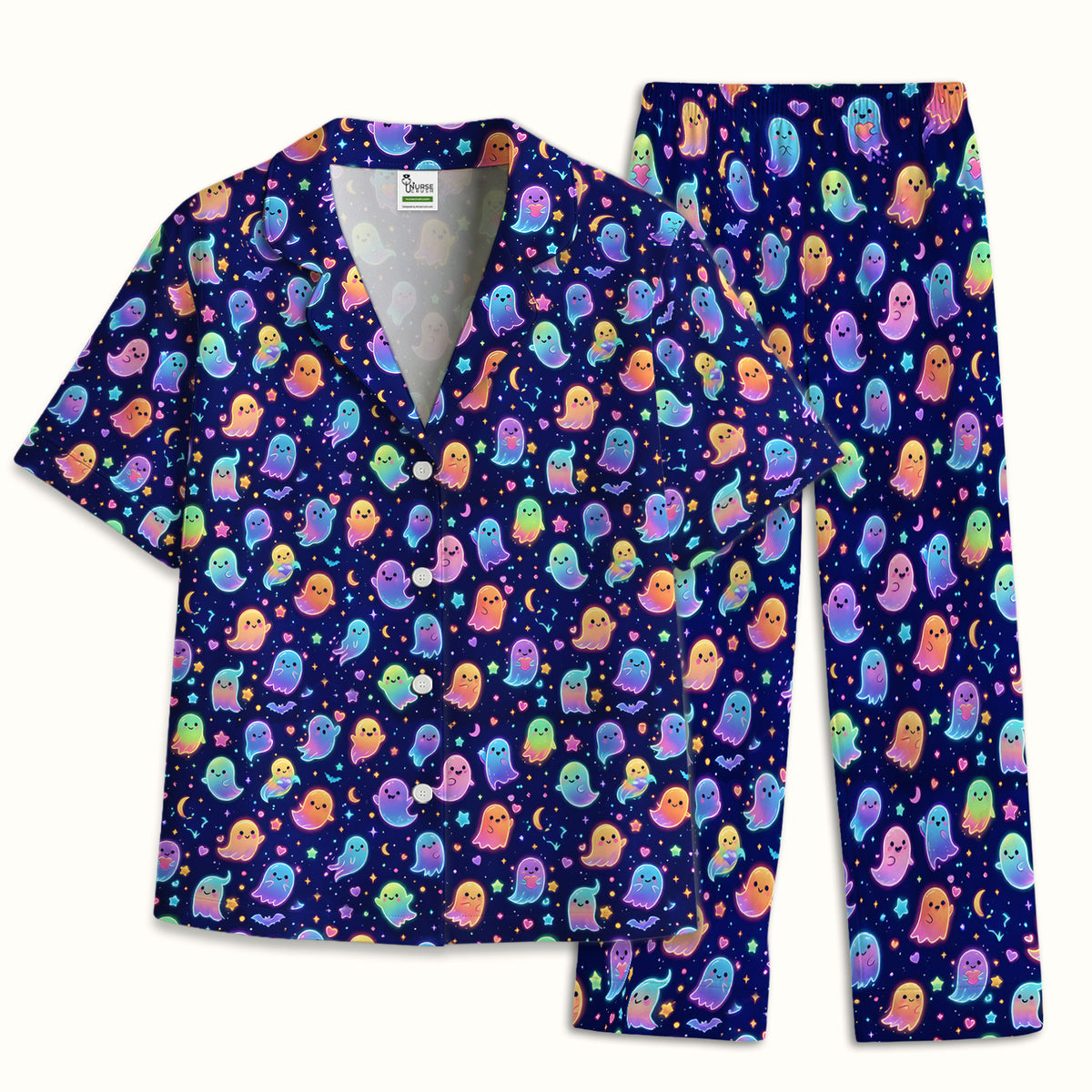 Cute Neon Halloween Ghosts Pattern Pajama Set, Soft Breathable Fabric Comfortable Sleepwear