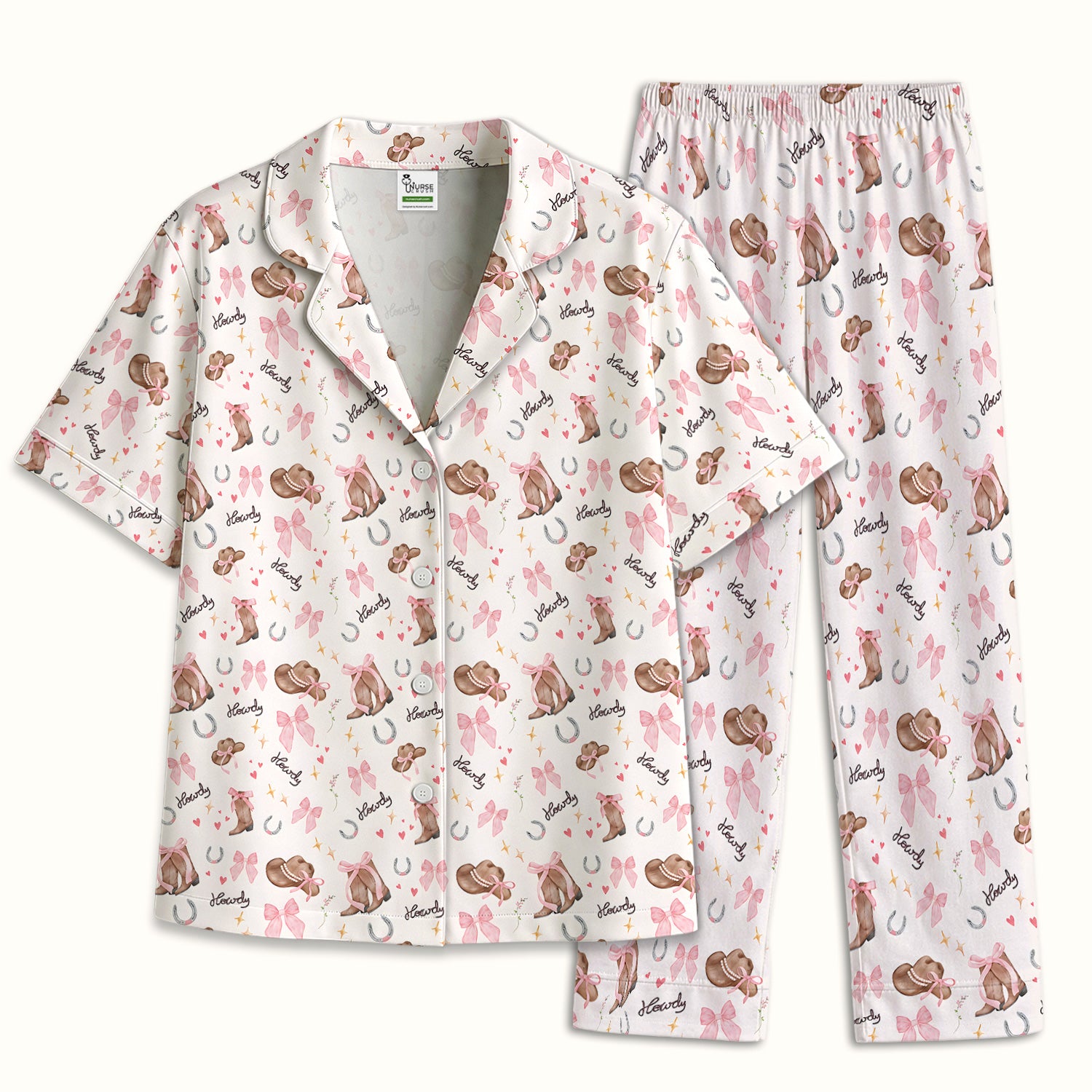 Cute Pink Cowgirl Boots Pattern Pajama Set, Soft Breathable Fabric Comfortable Sleepwear