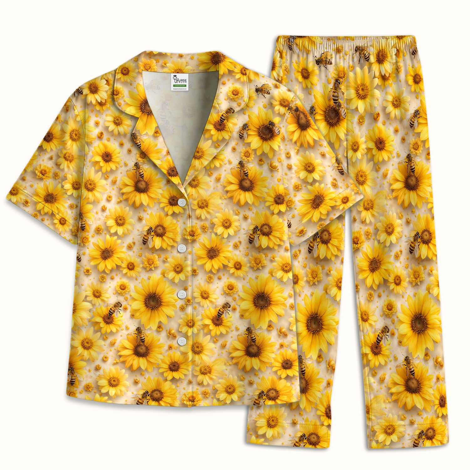 Yellow Sunflower Bee Garden Bloom Pattern Pajama Set, Breathable Fabrics Uniform