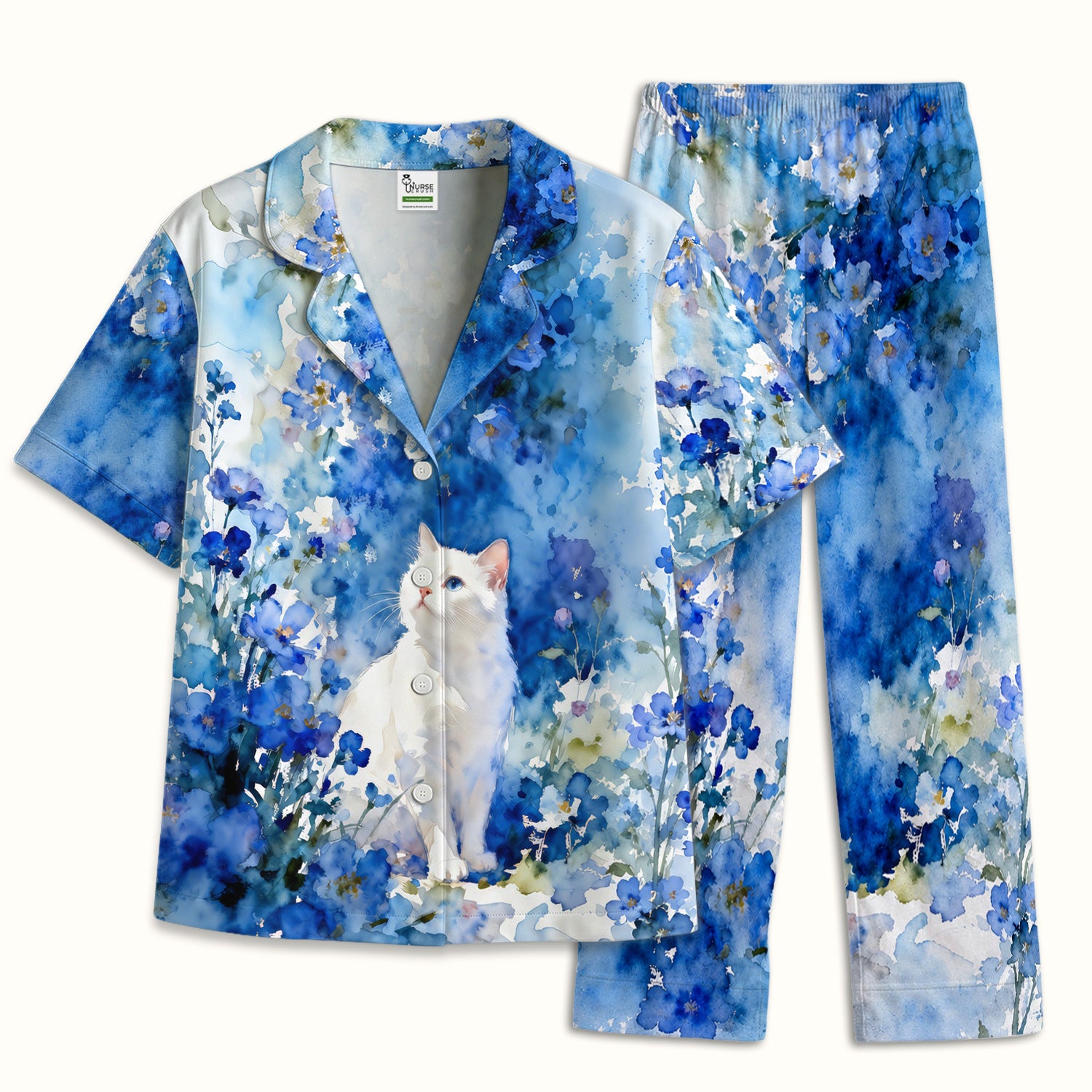 Adorable Blue Floral White Cat Pattern Pajama Set, Soft Breathable Fabric Comfortable Sleepwear