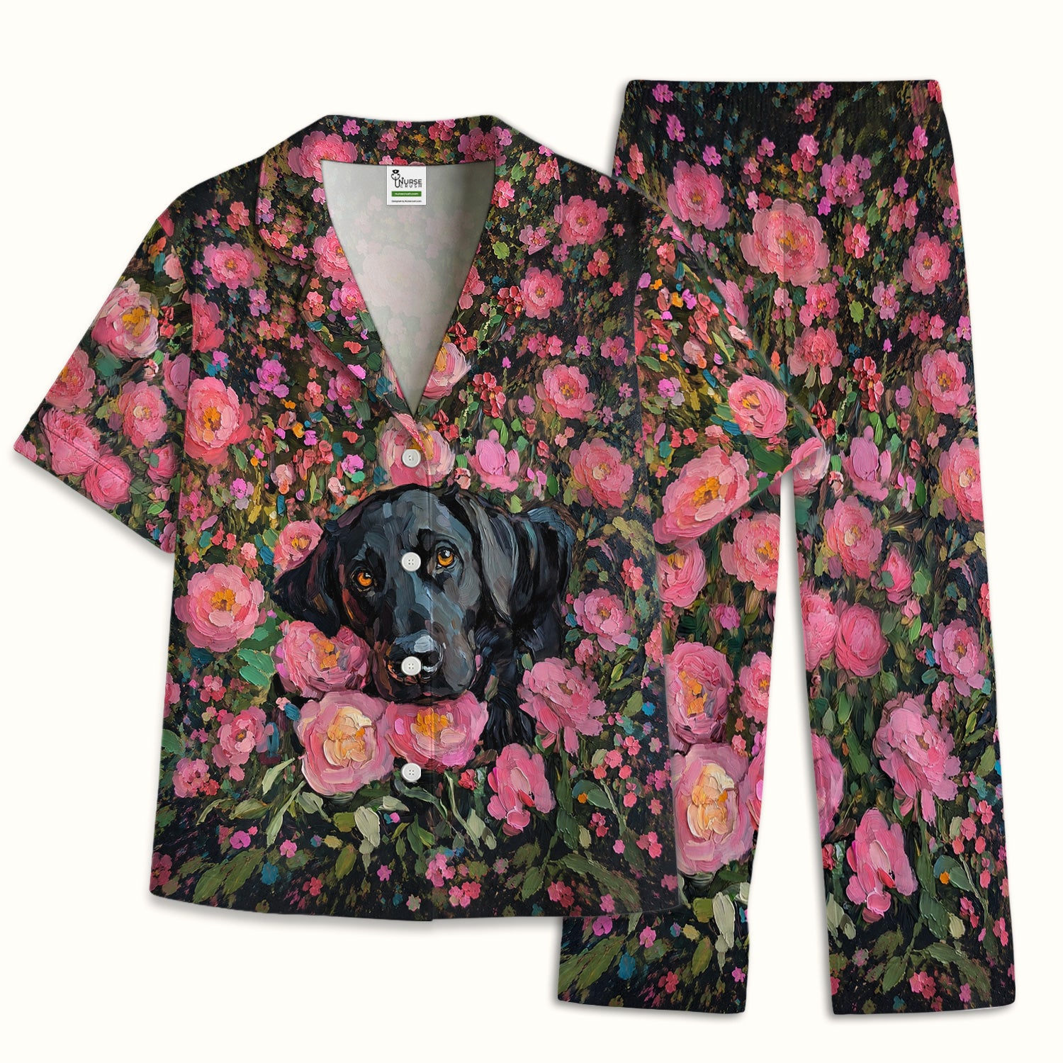 Painterly Floral Black Dog Pattern, Pet Lover Medical Pajama Set, Soft Breathable Fabric Comfortable Sleepwear