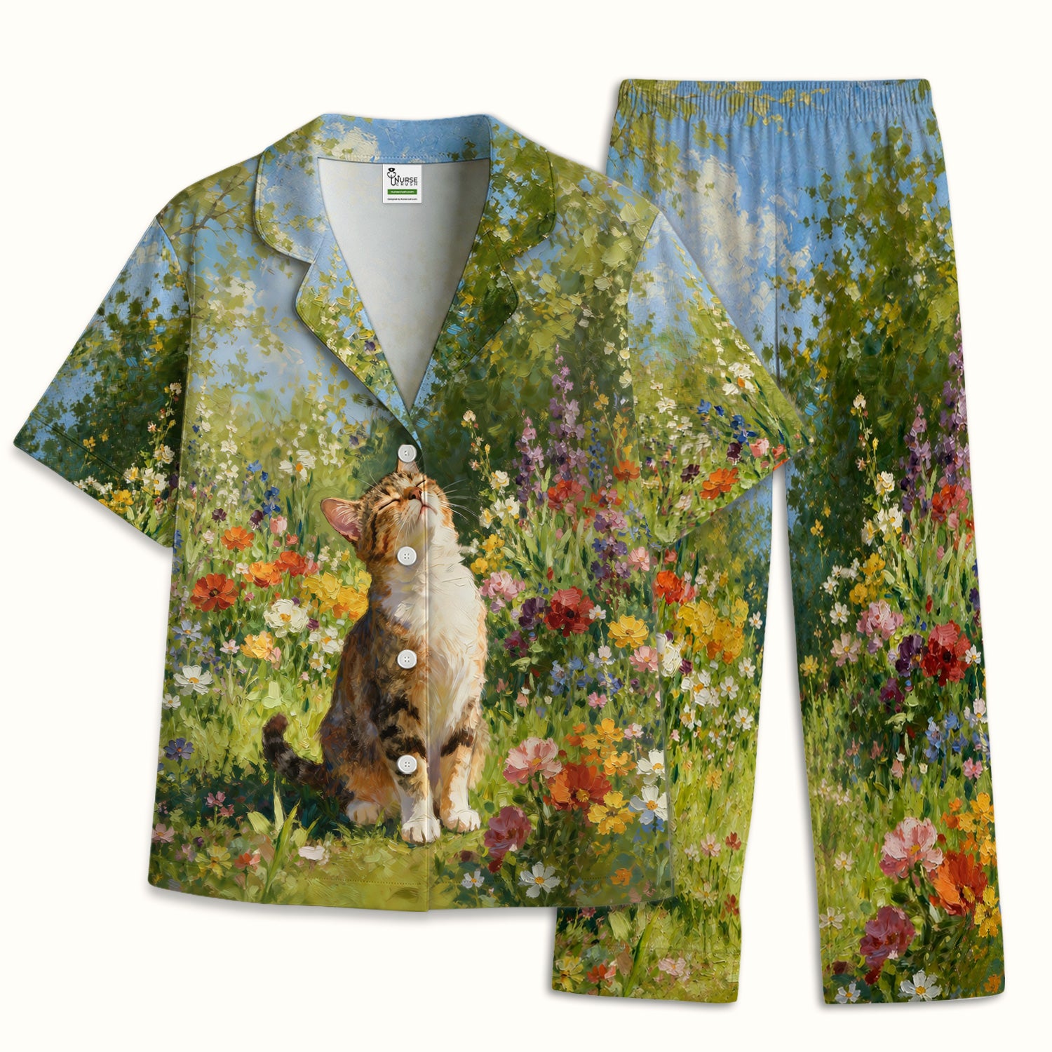 Whimsical Garden Cat Blossom Pattern Pajama Set, Soft Breathable Fabric Comfortable Sleepwear