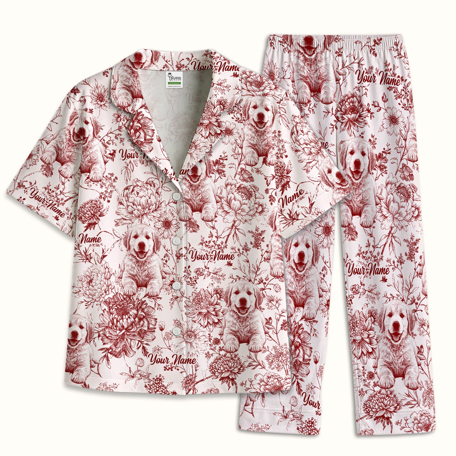 Personalized Custom Pet Photo Name Floral Pattern Pajama Set, Soft Breathable Fabric Comfortable Sleepwear