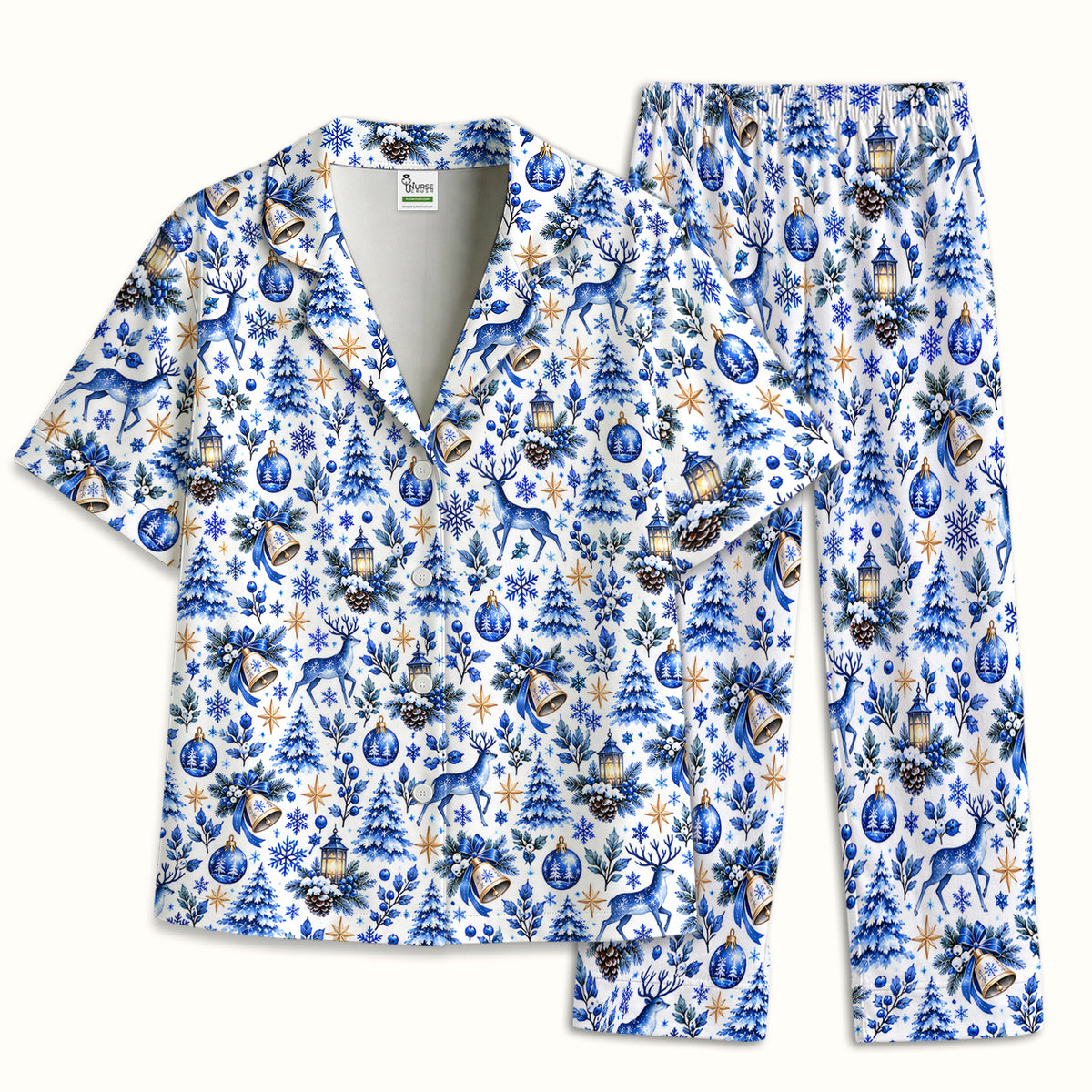 Blue Christmas Reindeer And Winter Trees Pajama Set, Soft Breathable Fabric Comfortable Sleepwear