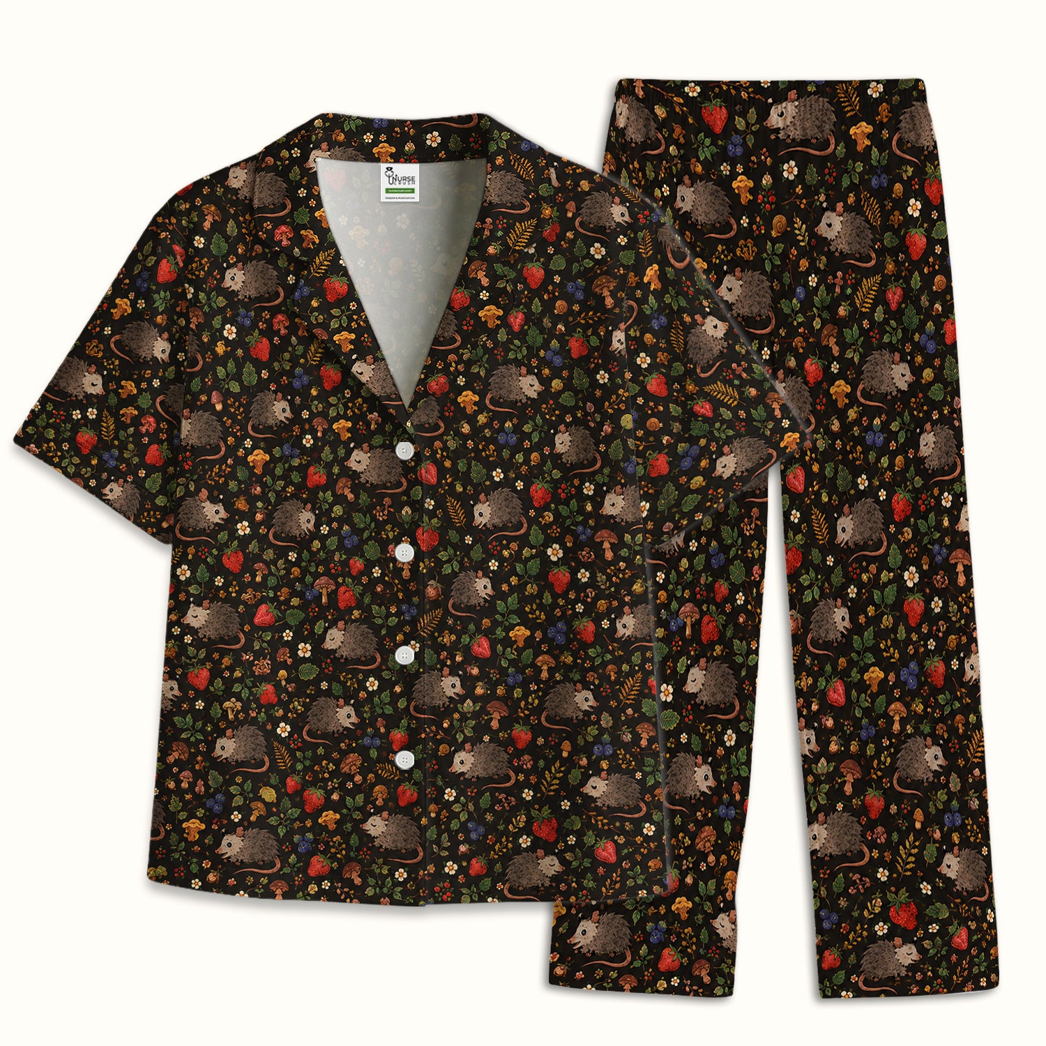 Woodland Opossum Berry Mushroom Pattern Pajama Set, Soft Breathable Fabric Comfortable Sleepwear