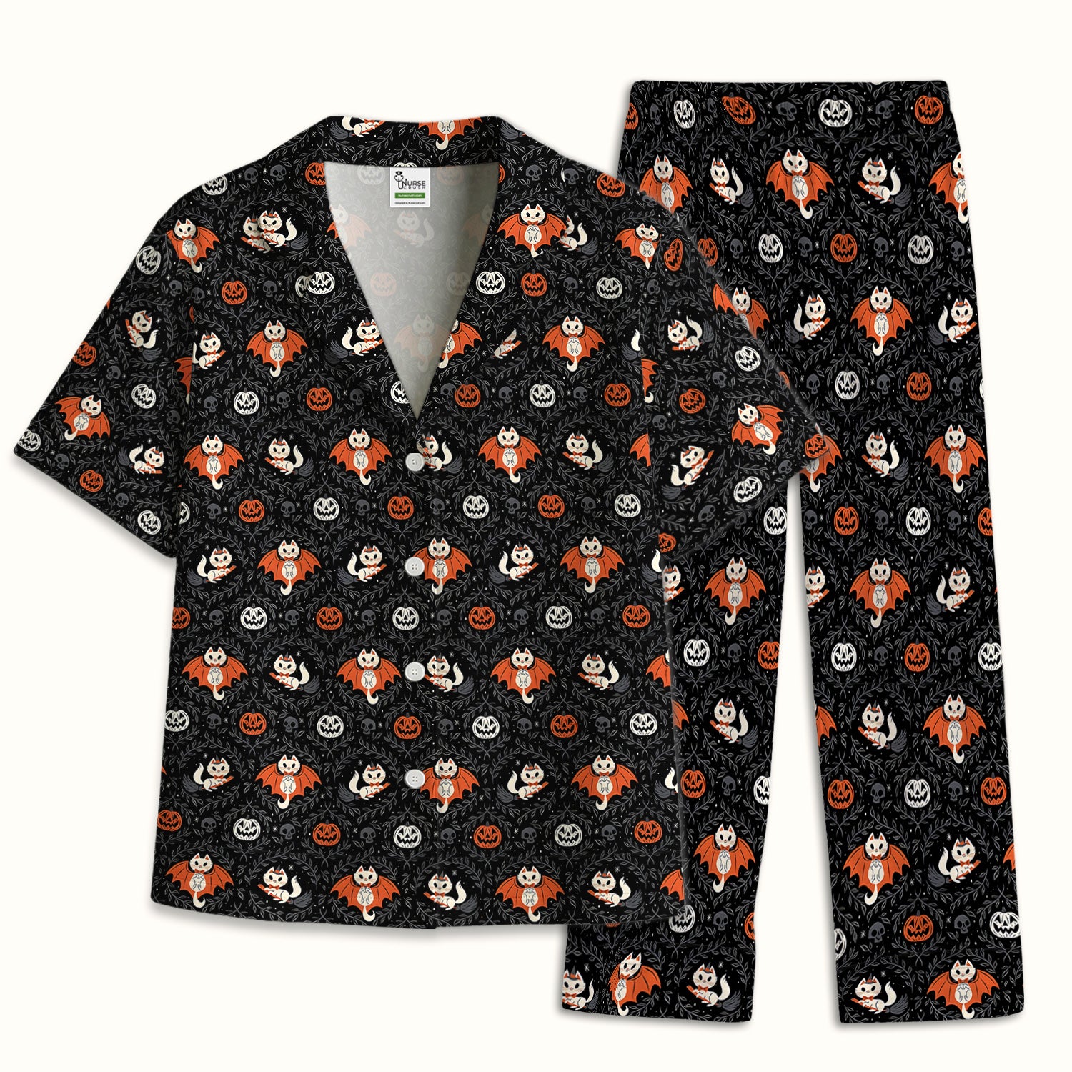 Cute Halloween Vampire Cat Pattern Pajama Set, Soft Breathable Fabric Comfortable Sleepwear