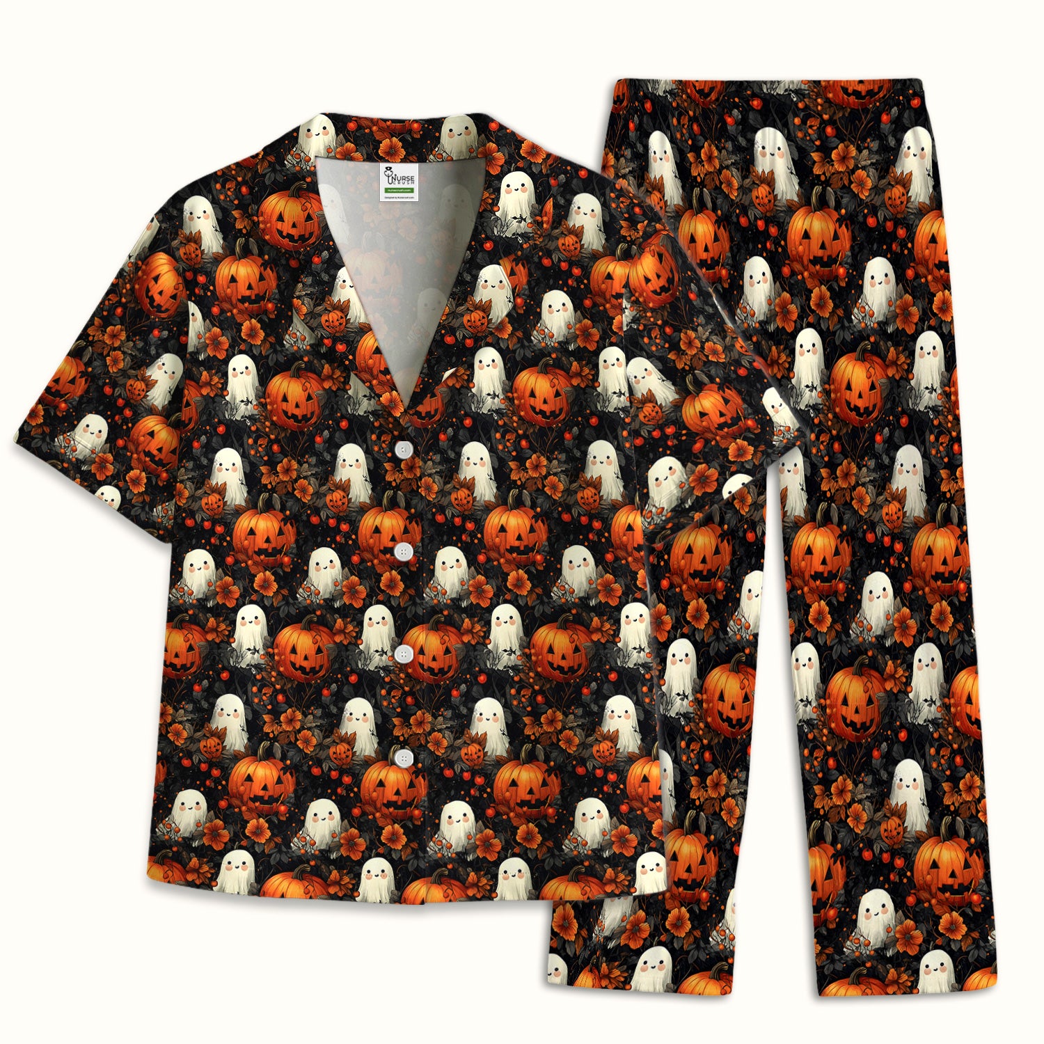 Spooky Halloween Ghost And Pumpkin Pattern Pajama Set, Soft Breathable Fabric Comfortable Sleepwear