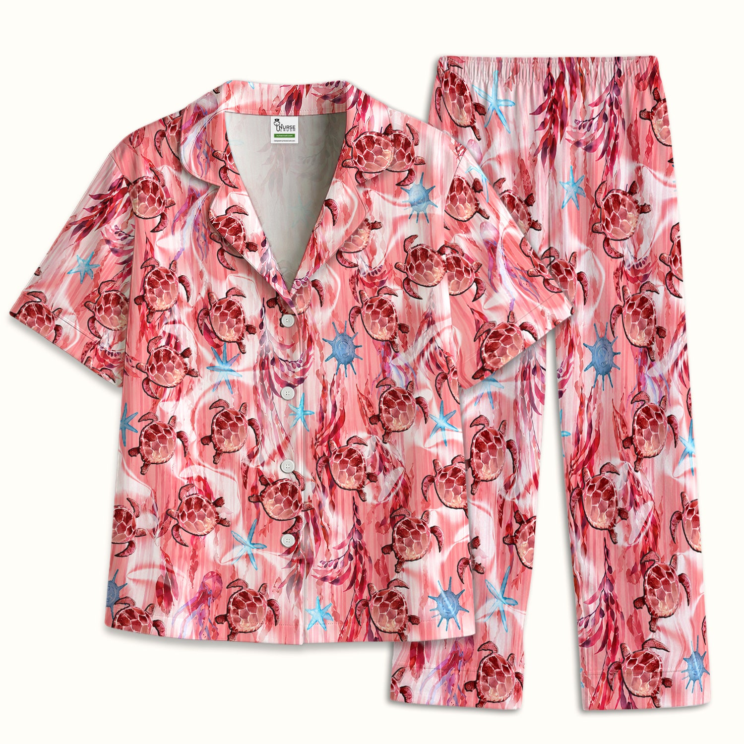 Pink Sea Turtle Ocean Pattern Pajama Set, Soft Breathable Fabric Comfortable Sleepwear