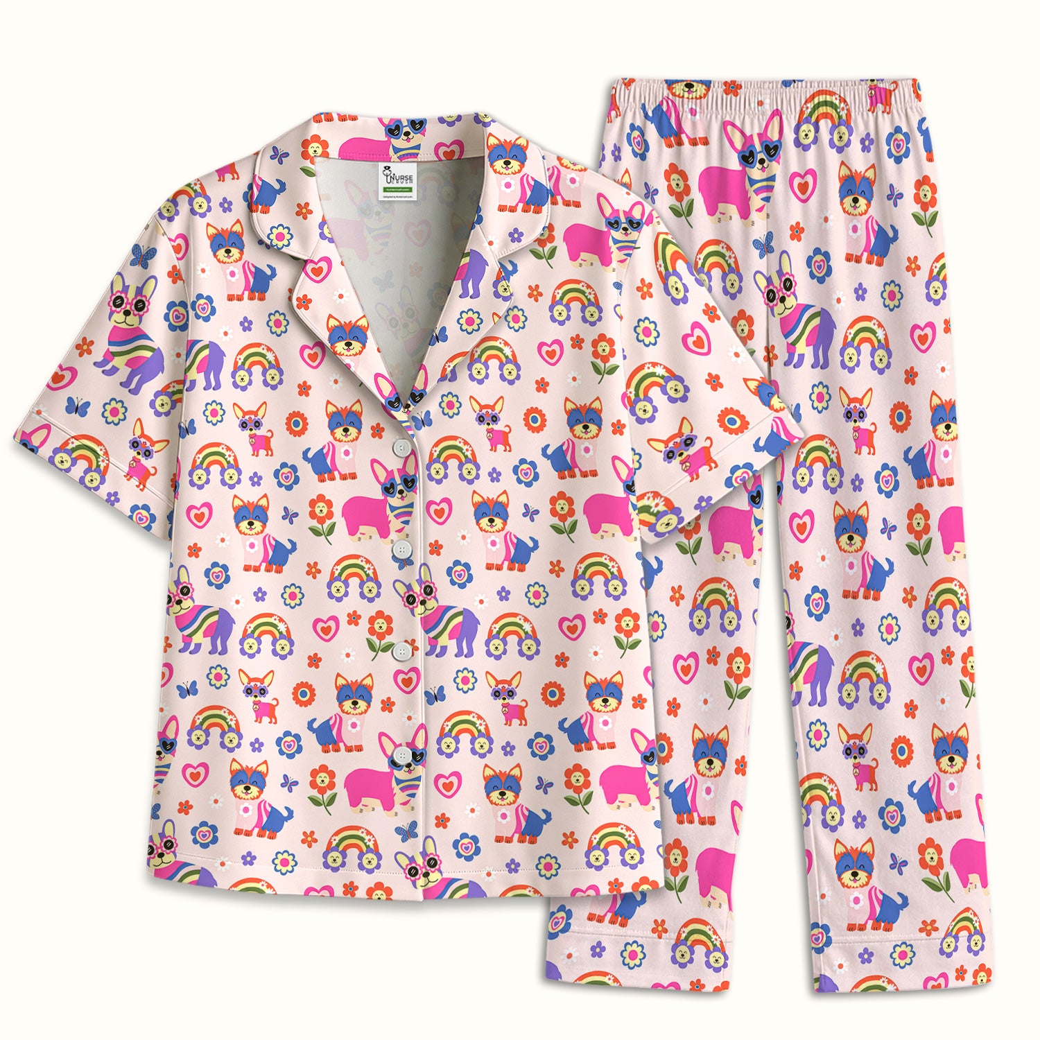 Colorful Cartoon Dogs With Rainbow Flowers Pattern Pajama Set, Soft Breathable Fabric Comfortable Sleepwear